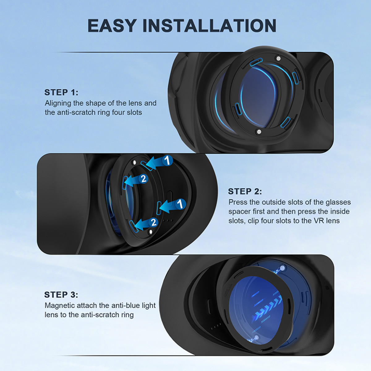 Instrukcja instalacji gogli VR: Krok 1 wyrównaj soczewkę, Krok 2 przypnij przekładkę, Krok 3 przymocuj soczewkę anty-niebieską.