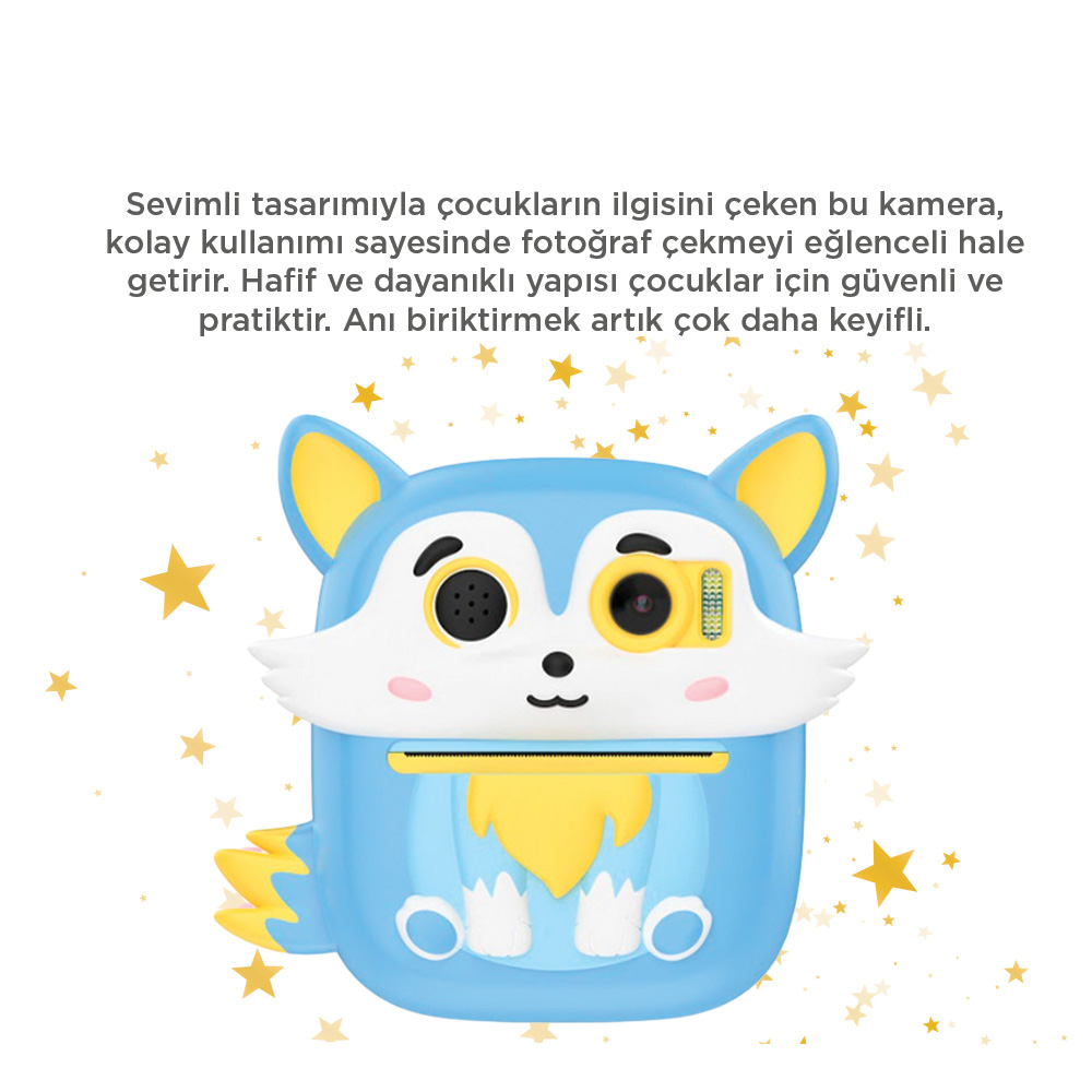 Sarı vurgulu, mavi çizgi film tilki şeklinde kamera, altın yıldızlarla çevrili.
