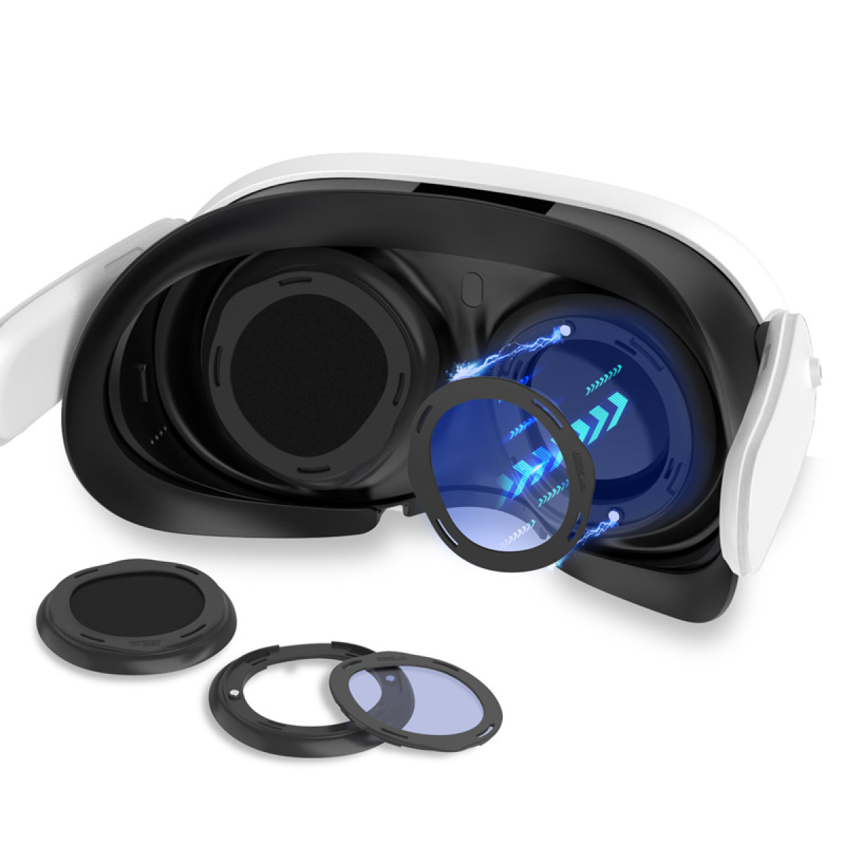 Gogle VR z niebieskimi soczewkami i akcesoriami