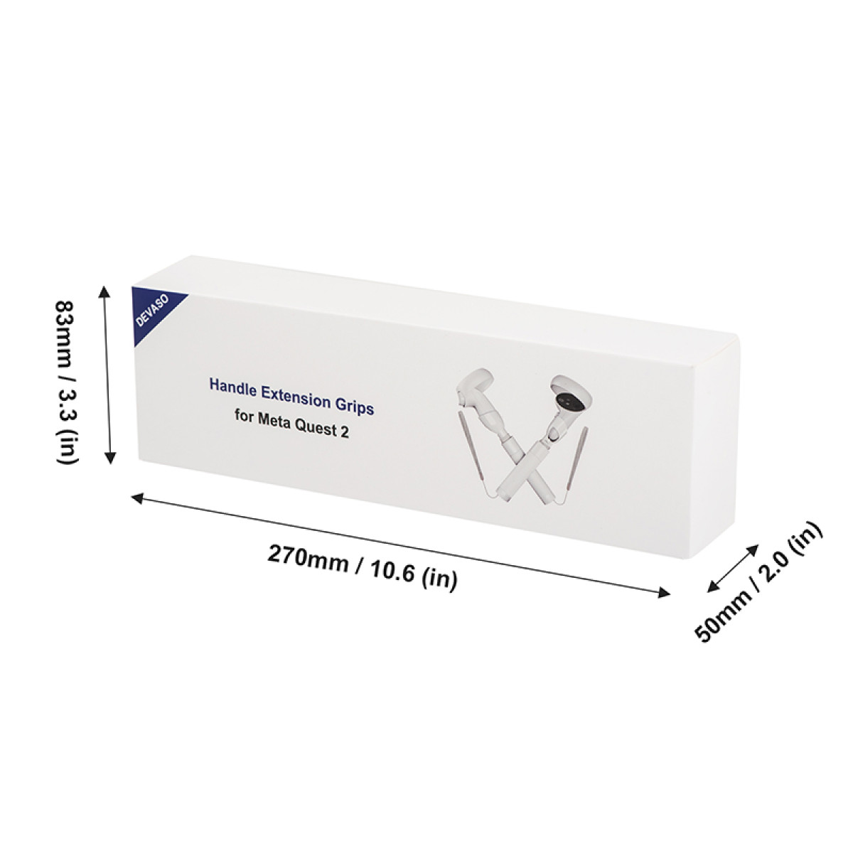 Białe pudełko z napisem 'Handle Extension Grips for Meta Quest 2' i wymiarami.