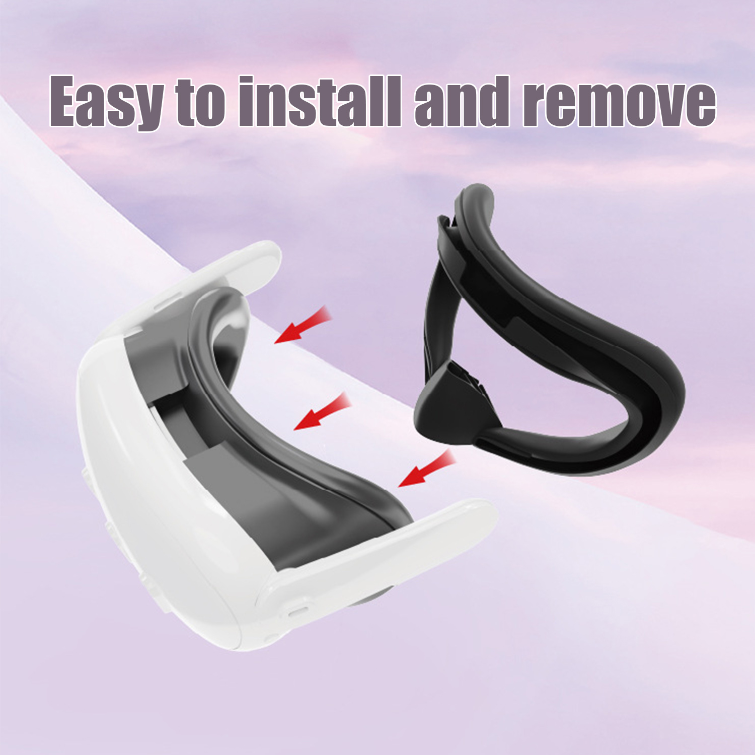 Biała część gogli VR z czarnym mocowaniem, pokazująca łatwą instalację.