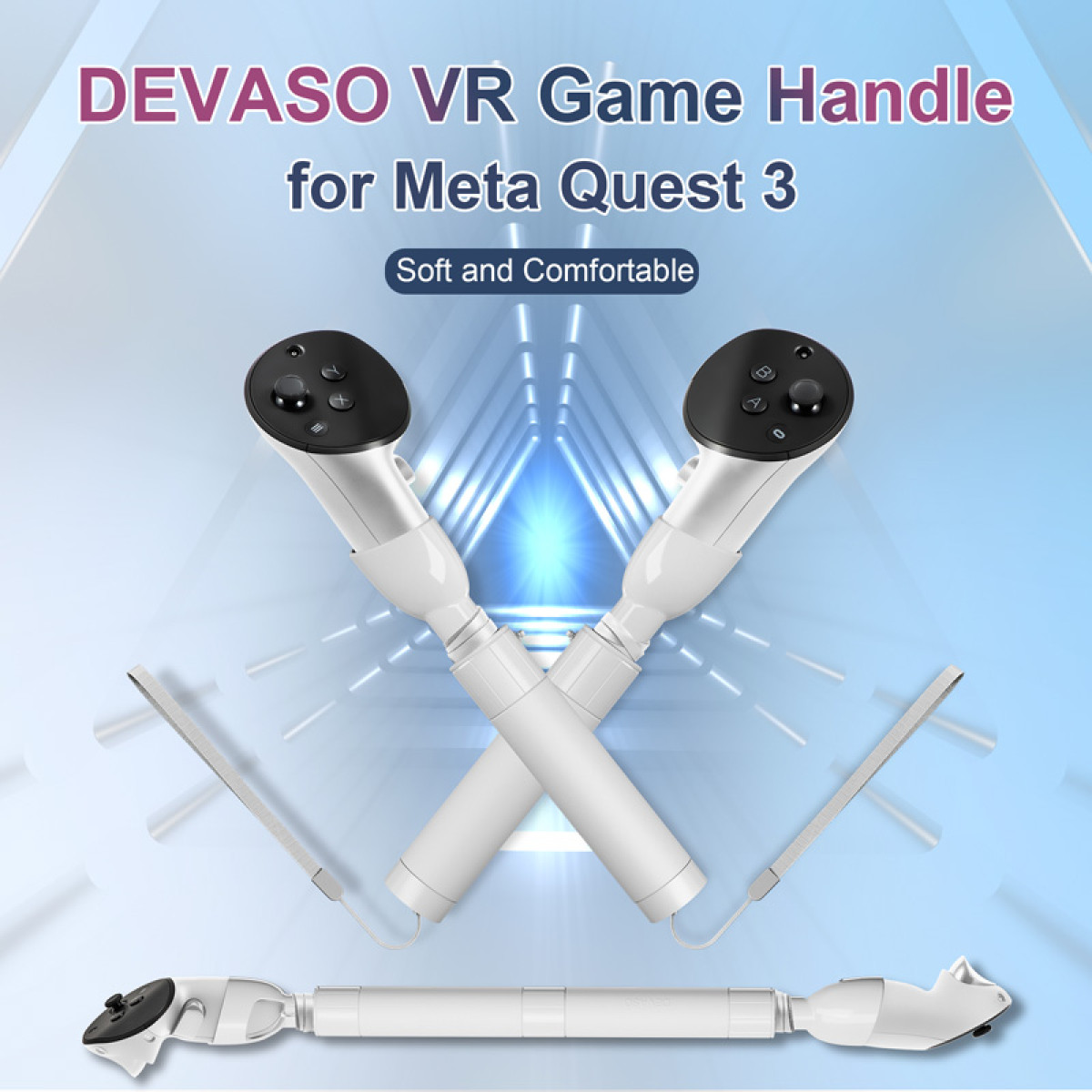 Uchwyty do gier VR DEVASO do Meta Quest 3, białe z czarnymi przyciskami, skrzyżowane i poniżej.
