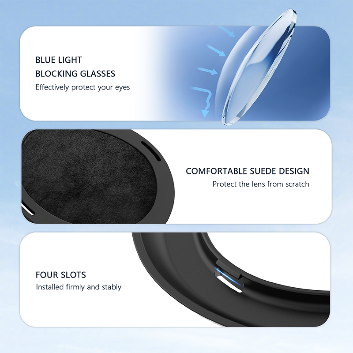 Okulary blokujące światło niebieskie, wygodny zamszowy design i cztery sloty.