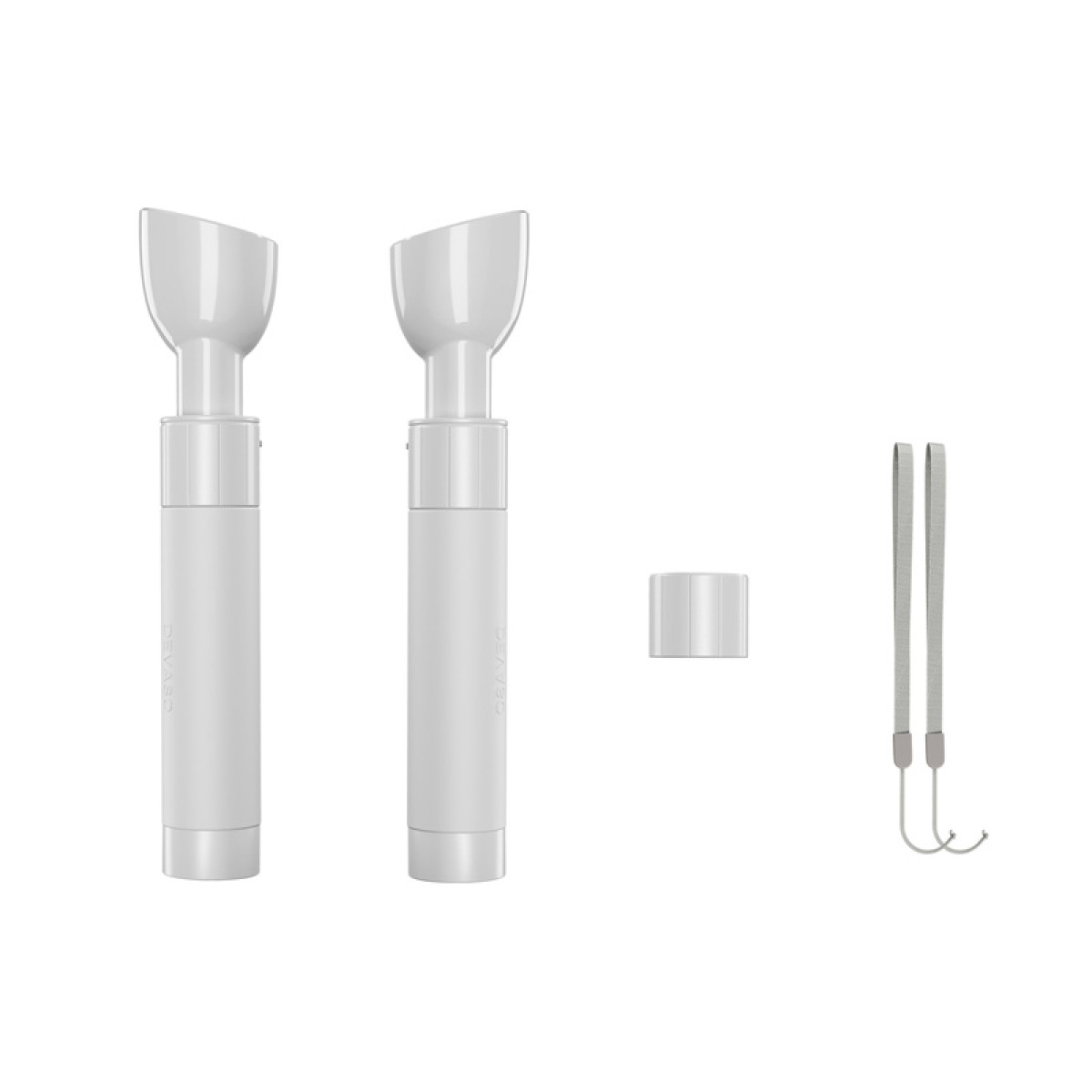 Dwa białe urządzenia ze smyczami i nakrętką na białym tle.