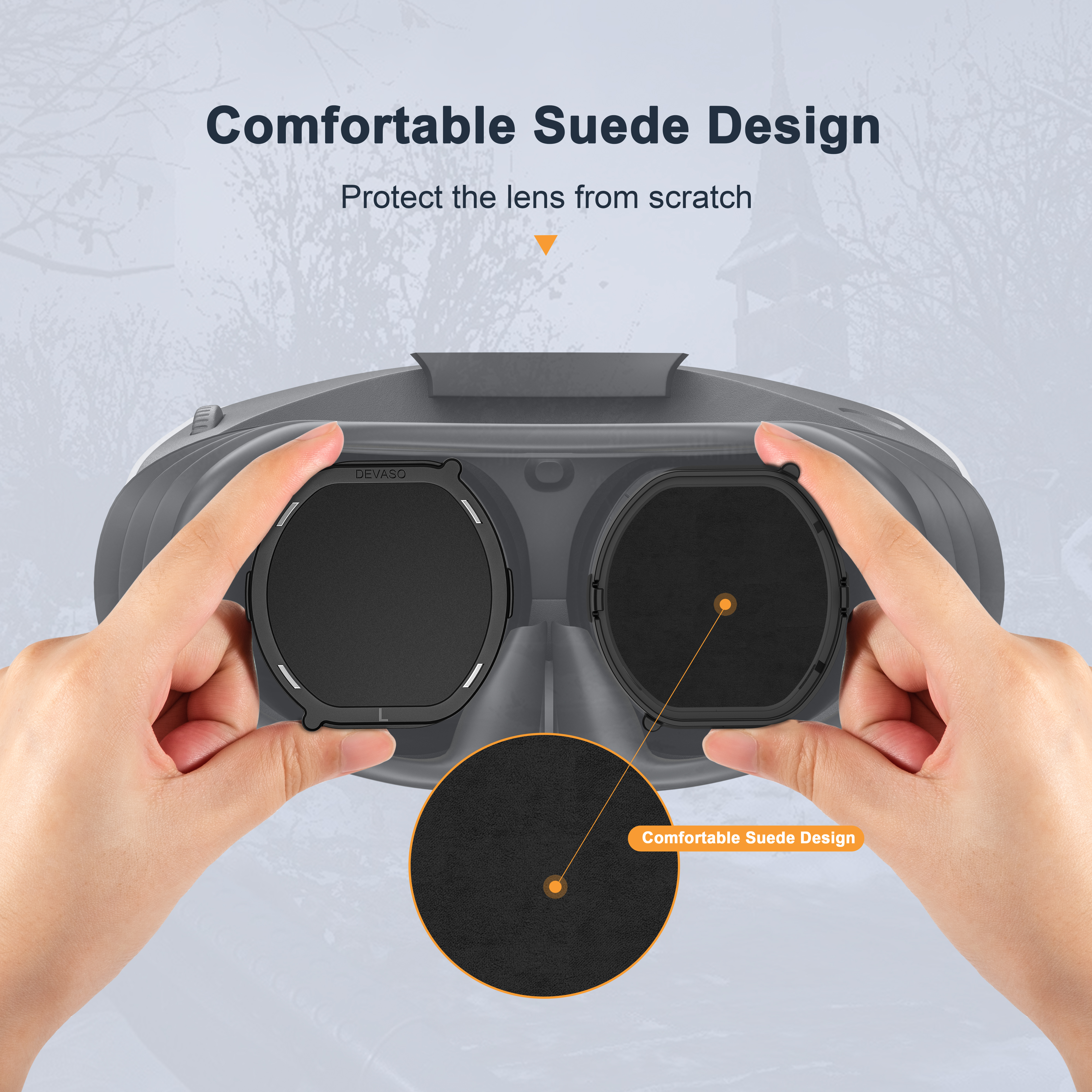 Dłonie trzymają czarne osłony obiektywów do gogli VR. Pokazano zamszową konstrukcję.