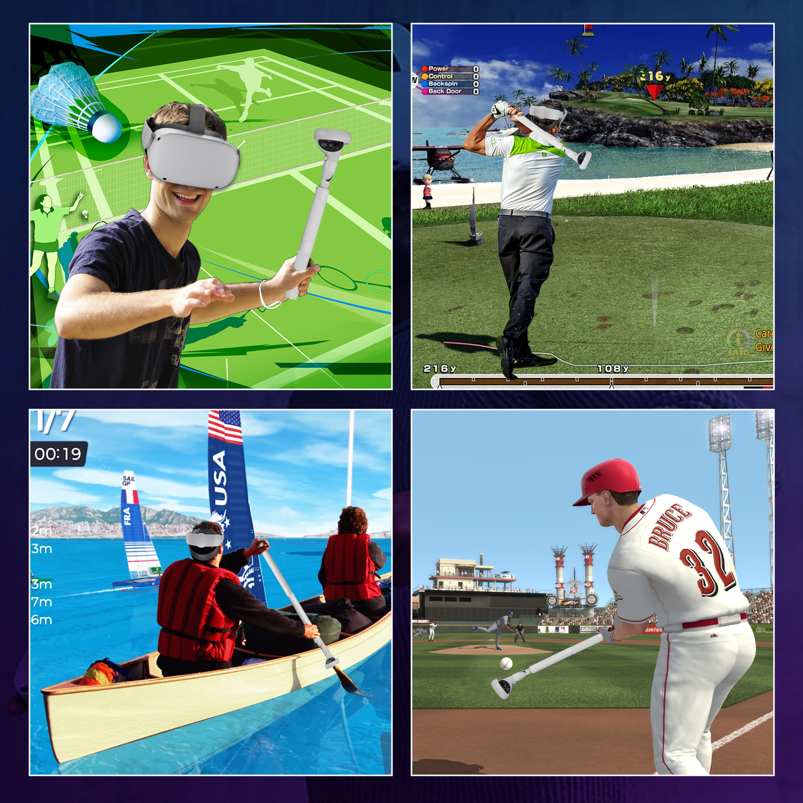Mężczyzna w goglach VR gra w wirtualnego badmintona. Pokazano cyfrowe gry w golfa, żeglarstwo i baseball.