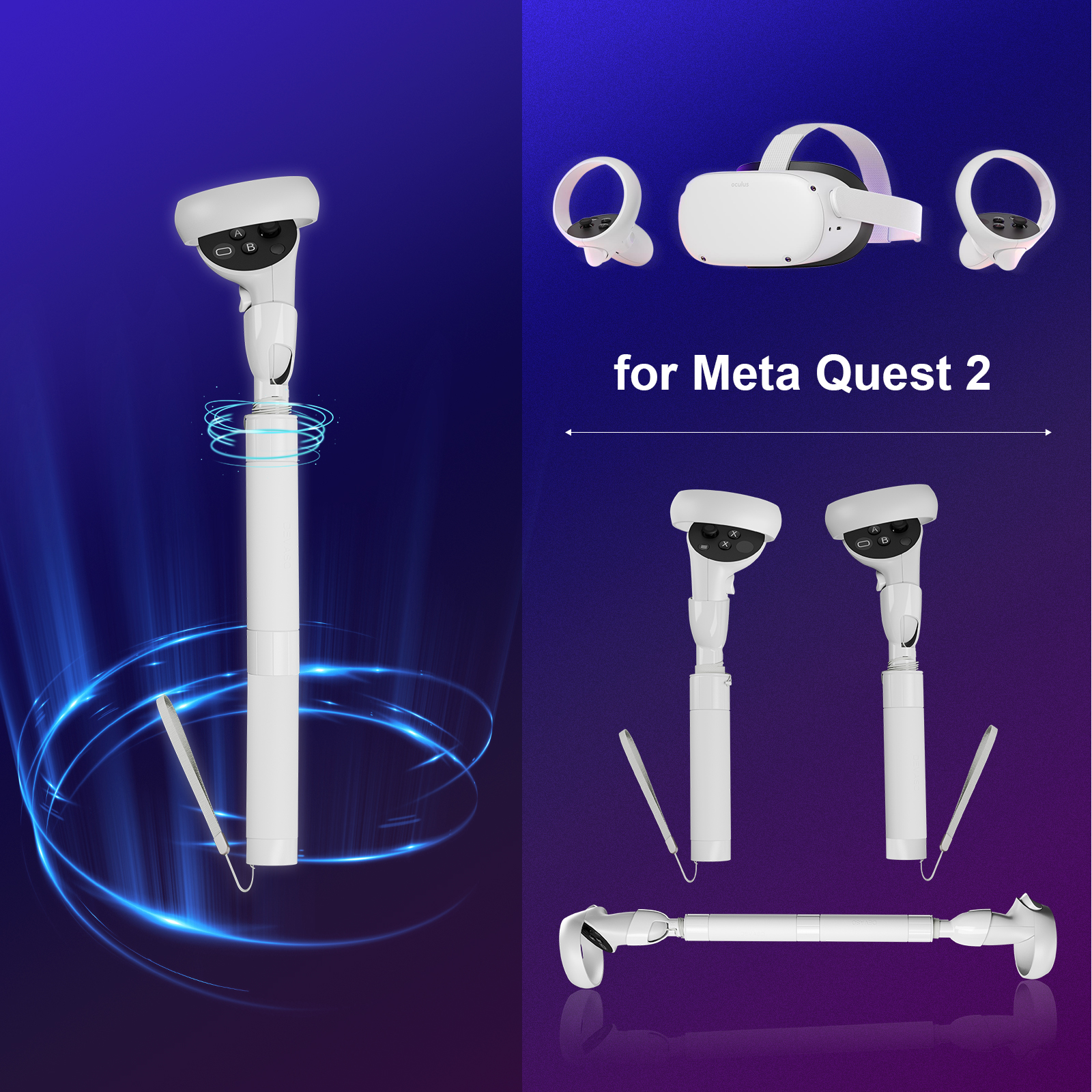 Białe uchwyty kontrolerów VR i gogle VR na tle niebiesko-fioletowym.