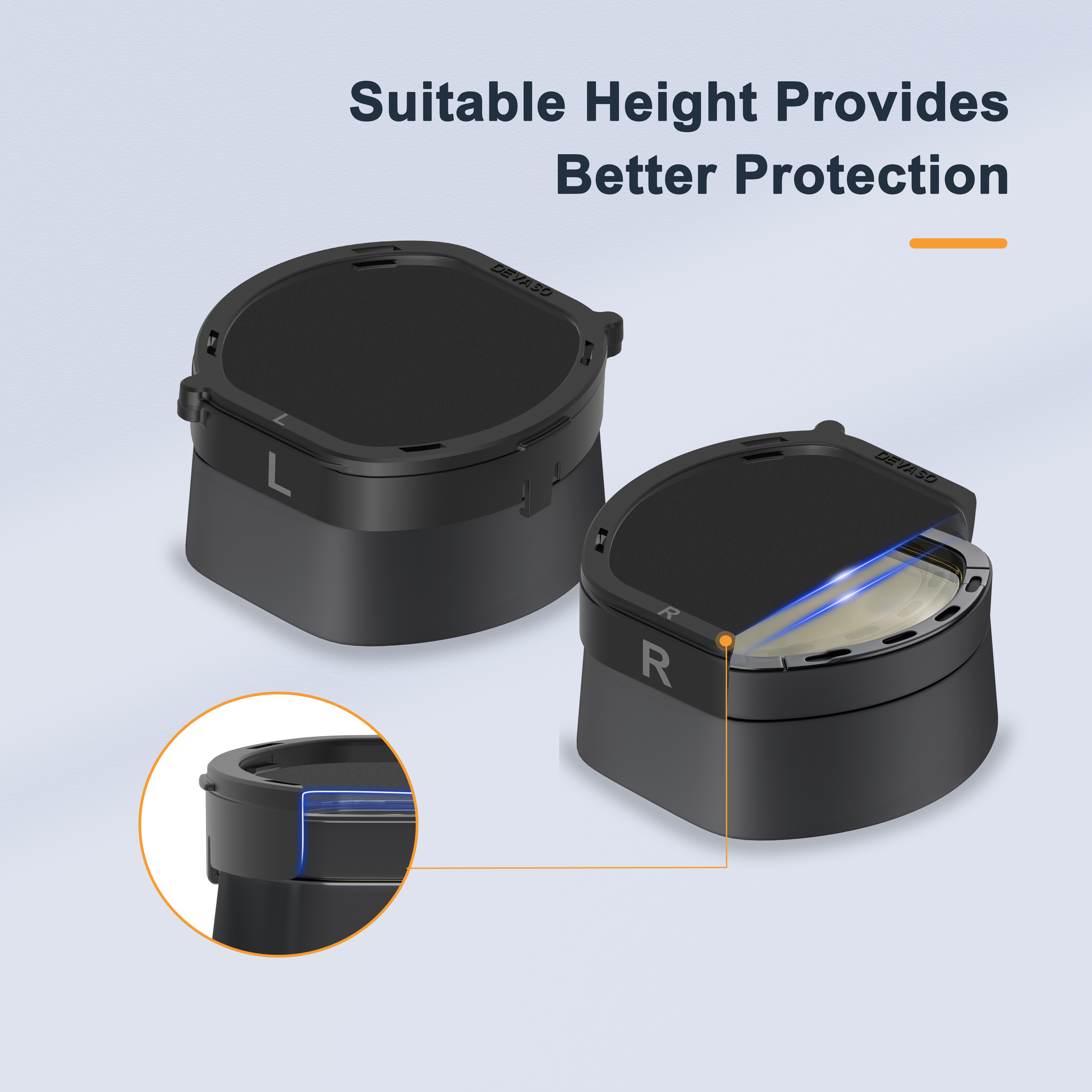 Dwa czarne etui ochronne na obiektywy, jedno oznaczone L, drugie R.