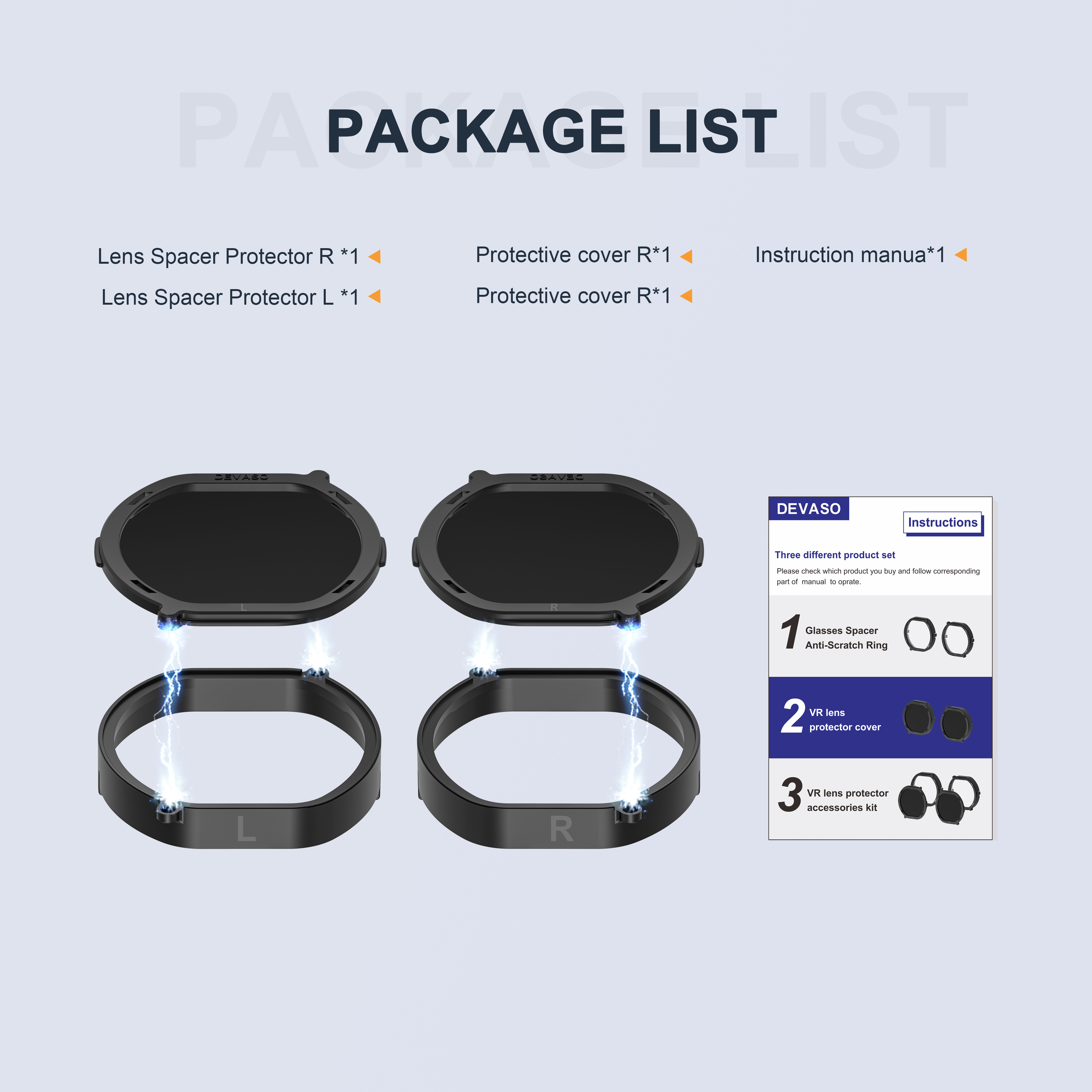 Lista pakietu zawiera przekładki do soczewek, osłony ochronne i instrukcje.