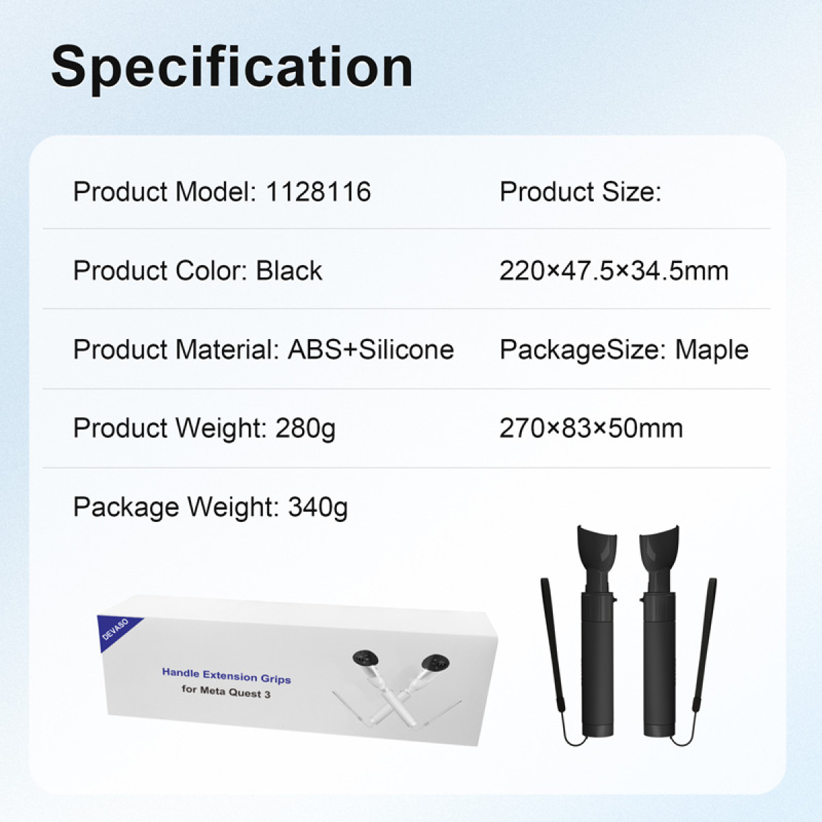 Szczegóły specyfikacji czarnych uchwytów z ABS+silikonu do Meta Quest 3.