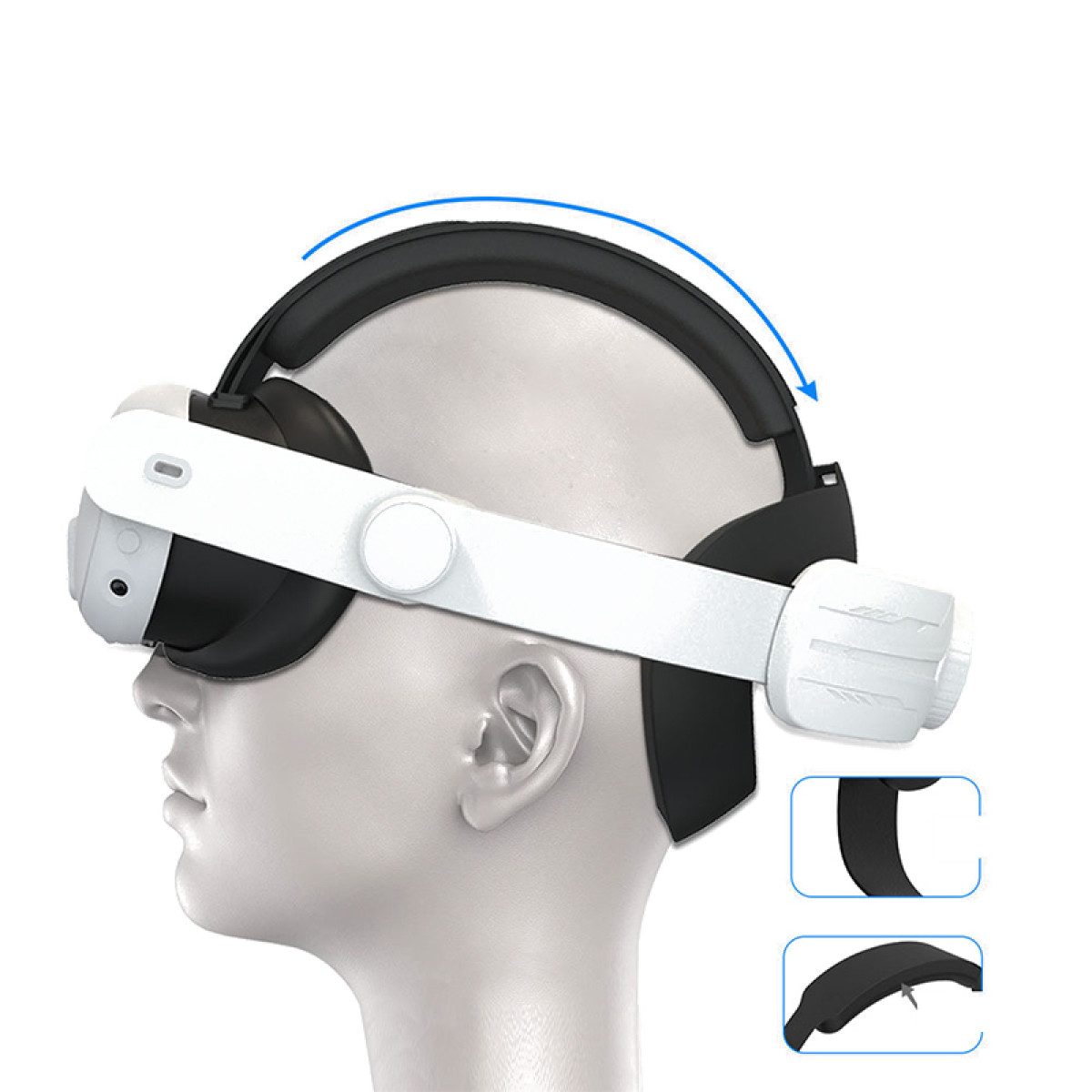 Biały zestaw VR na głowie manekina. Niebieska strzałka pokazuje regulację.