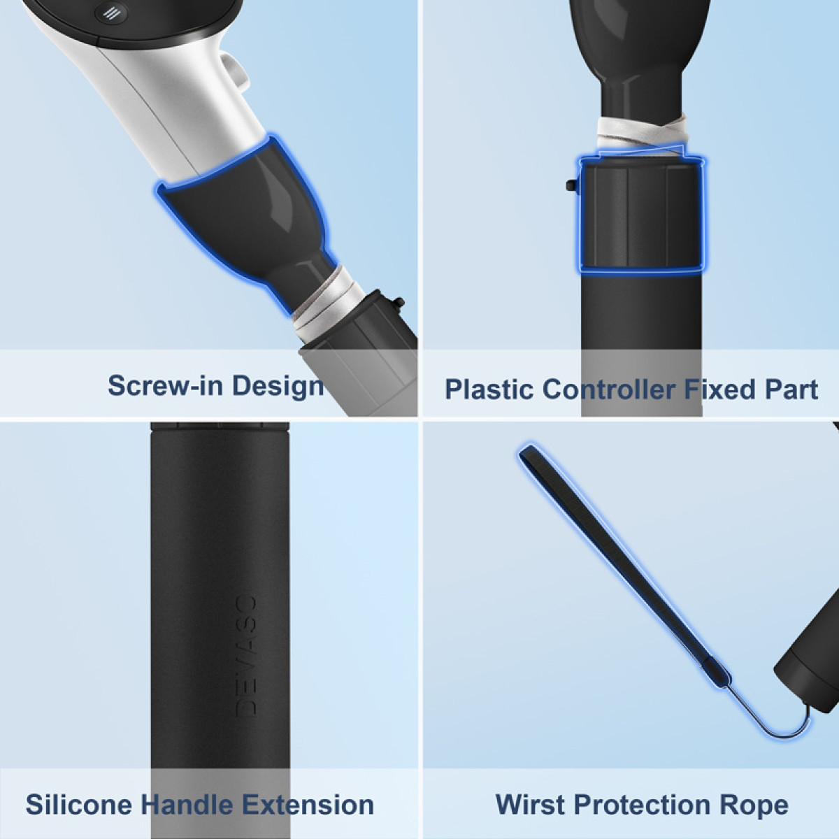 Kolaż pokazujący konstrukcję na śrubę, część stałą, przedłużenie uchwytu i linkę na nadgarstek.
