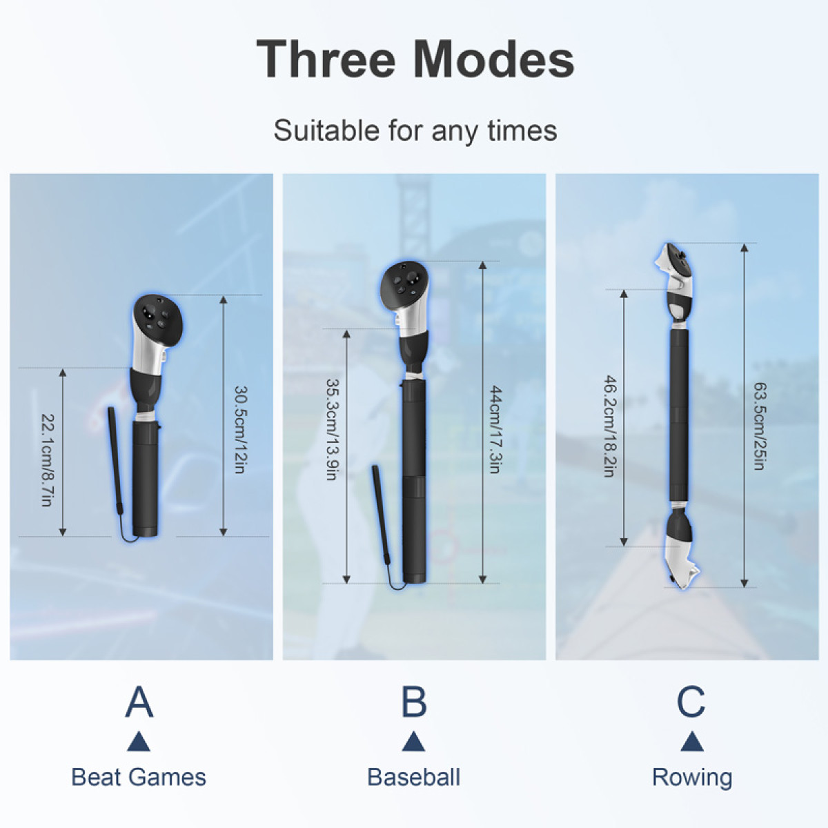 Trzy tryby: Beat Games, Baseball, Wioślarstwo. Urządzenia pokazane w różnych długościach.