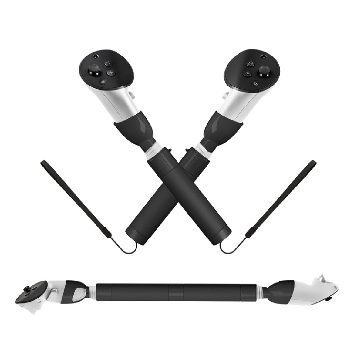 Dwa kontrolery VR skrzyżowane, z doczepionymi paskami na nadgarstek. Jeden kontroler wydłużony poziomo poniżej.