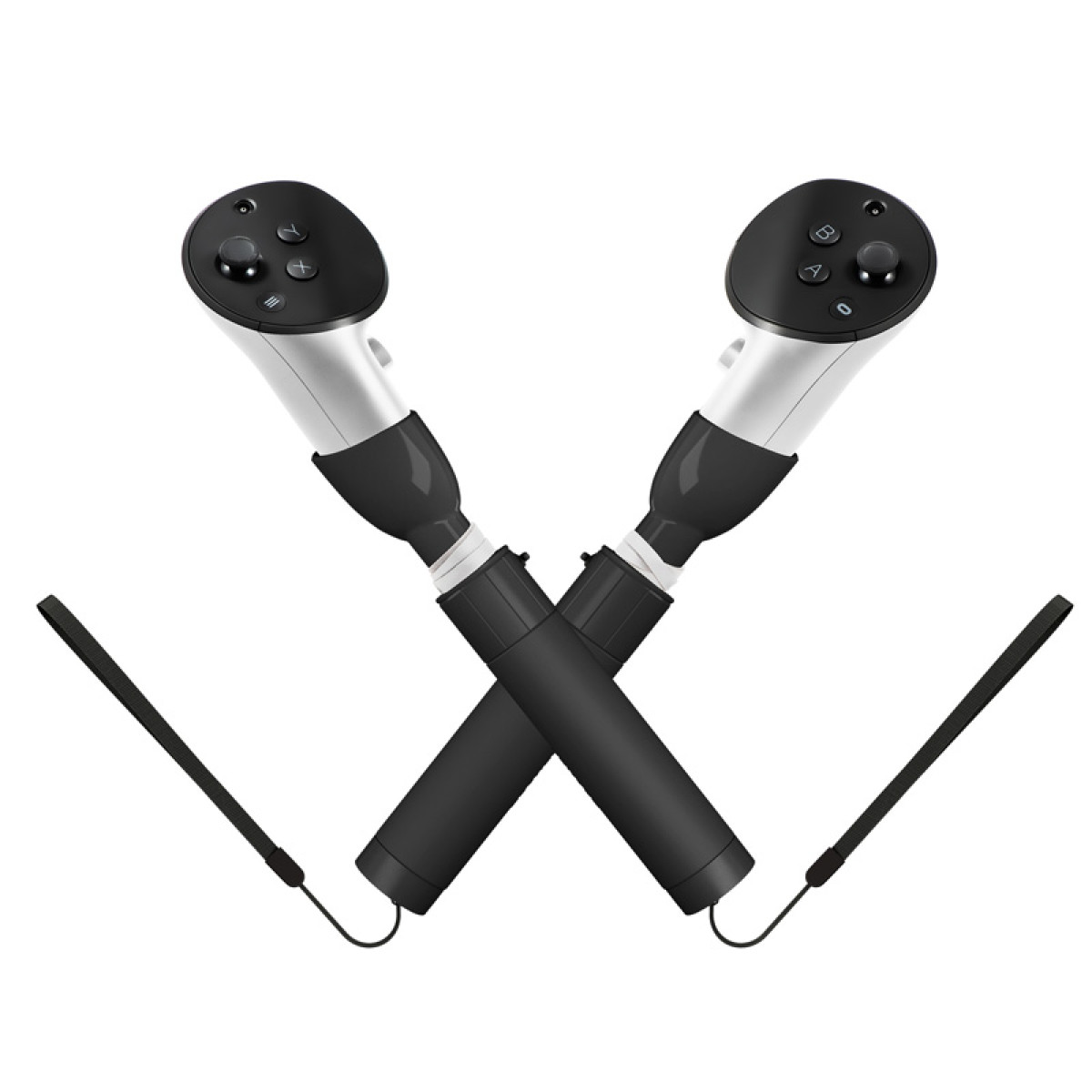 Dwa kontrolery VR, białe i czarne, skrzyżowane ze smyczami na nadgarstek.