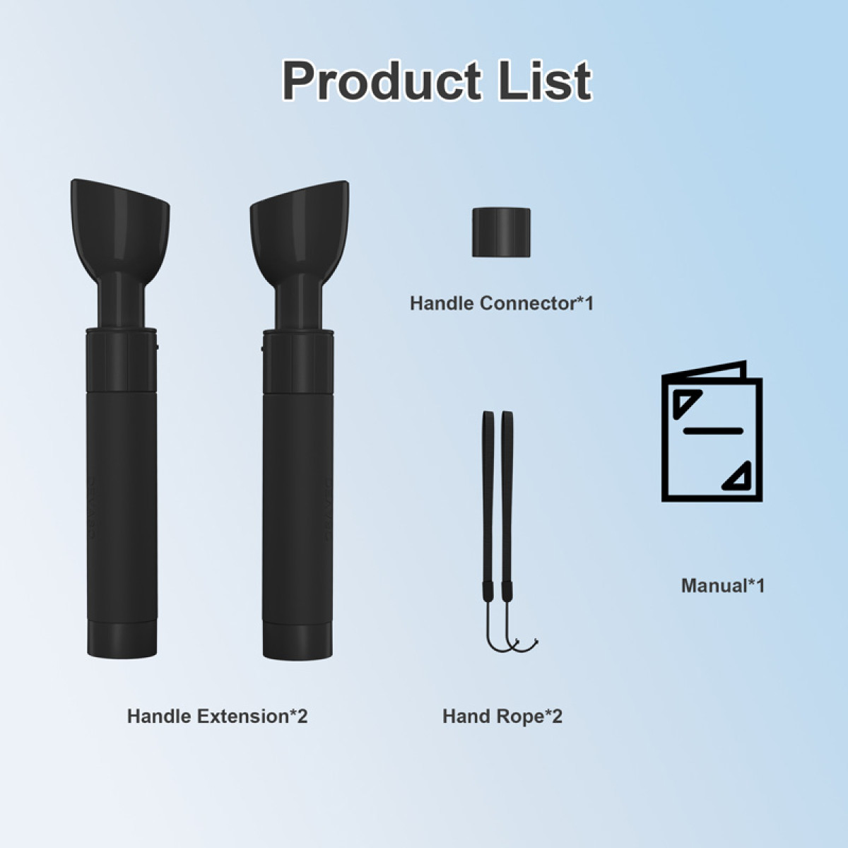 Lista produktów: Dwa czarne przedłużki uchwytu, jeden łącznik, dwie linki ręczne, jedna instrukcja.