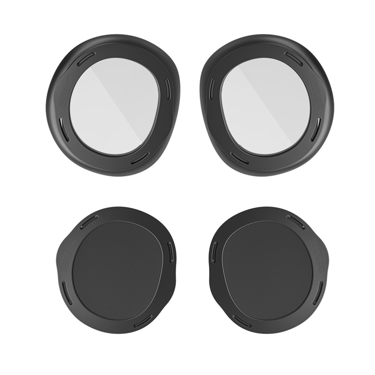 Cztery czarne okrągłe filtry obiektywu, dwa z przezroczystym szkłem, dwa pełne.