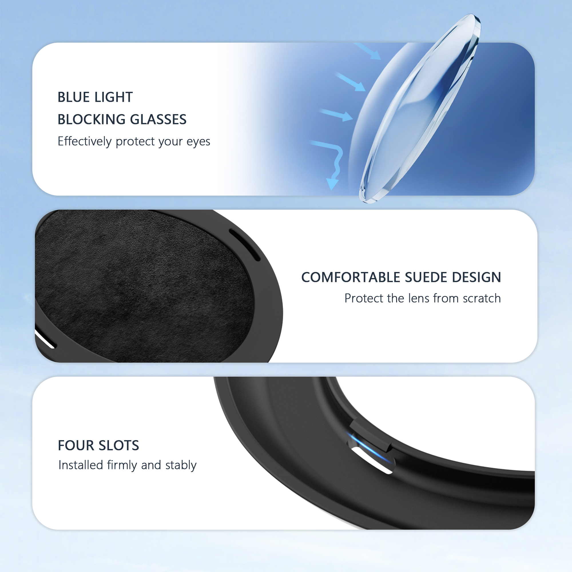 Okulary blokujące światło niebieskie z zamszowym designem i czterema slotami.