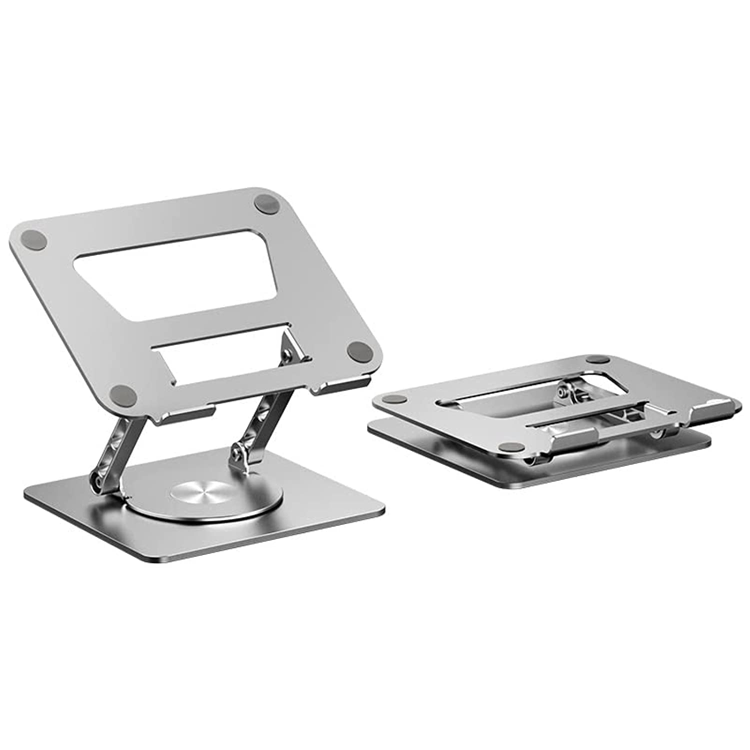 Srebrny stojak na laptopa w pozycji otwartej i złożonej.