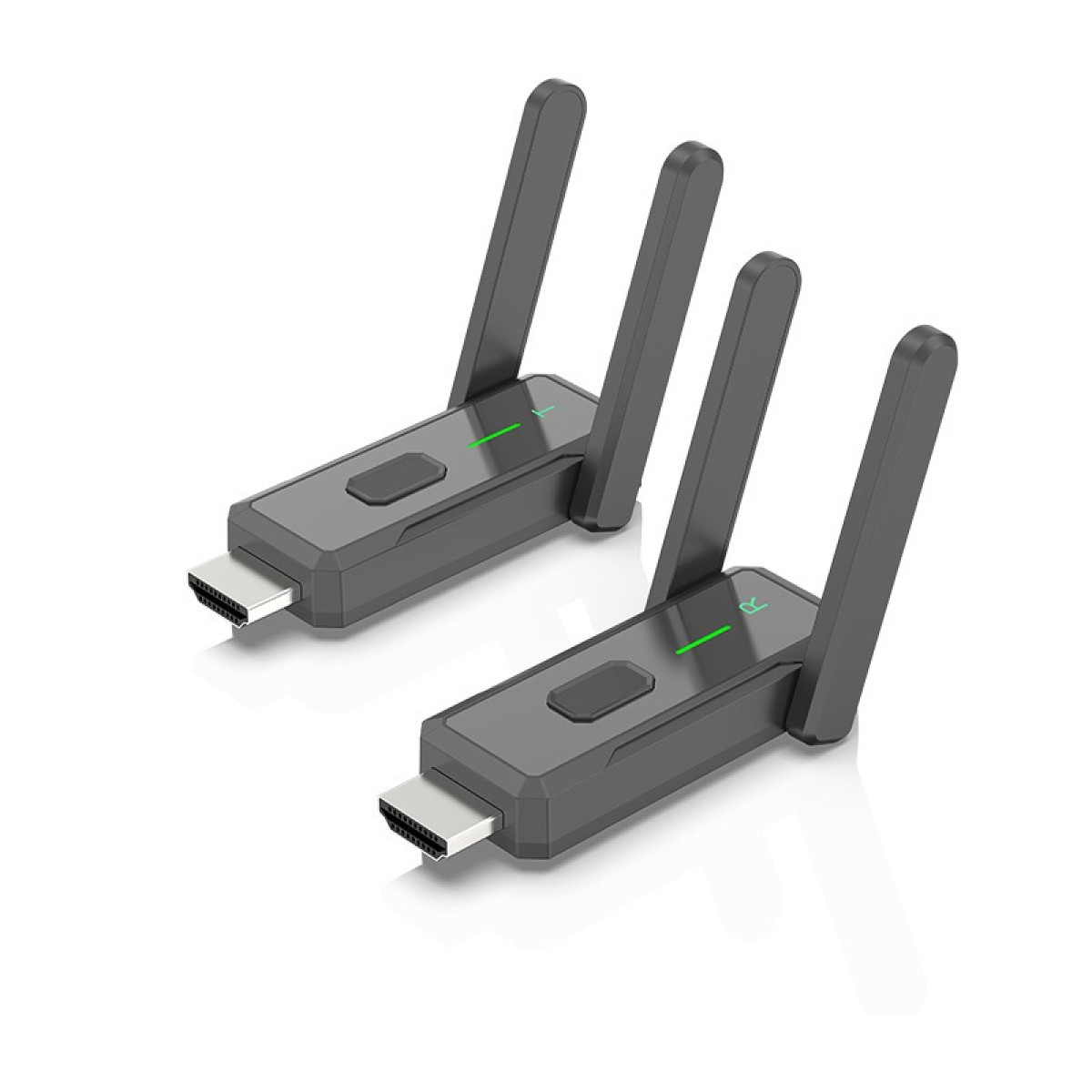 Zwei graue drahtlose HDMI-Adapter mit Antennen und grünen Kontrollleuchten.