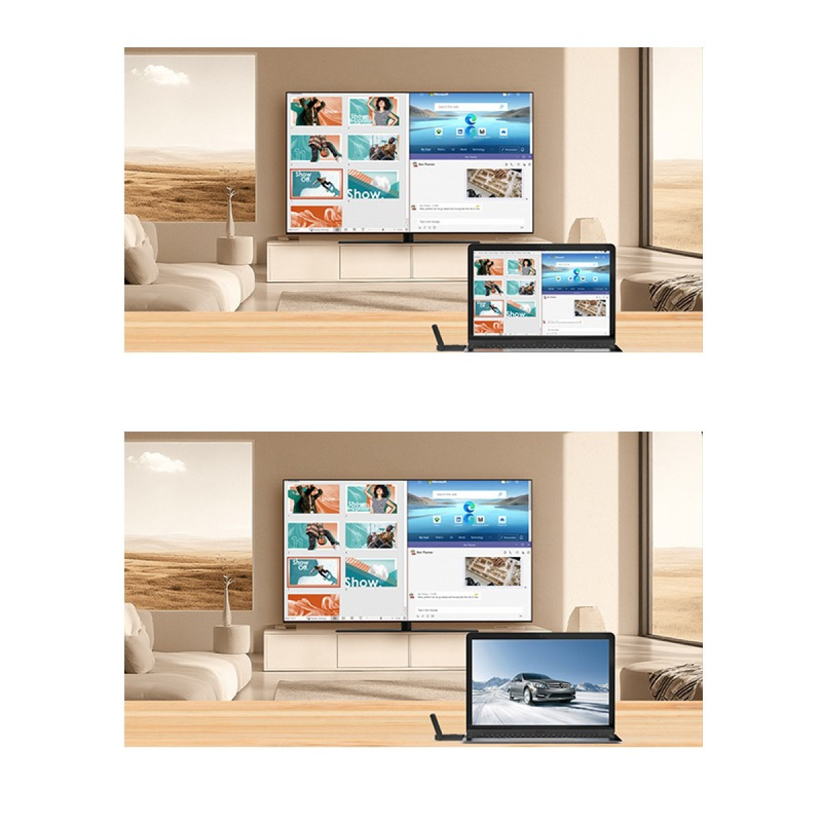 Ein Laptop spiegelt einen Fernseher, der einen Webbrowser mit Show-Thumbnails und ein Auto auf einer verschneiten Straße anzeigt.