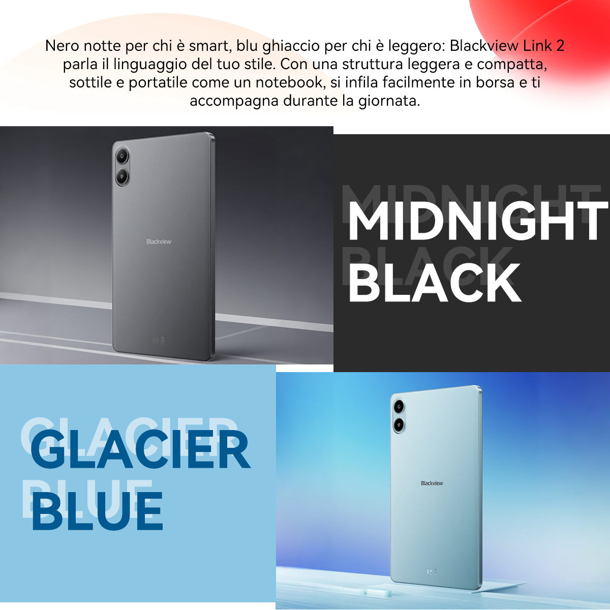Tablet Blackview Link 2 nei colori Nero Notte e Blu Ghiaccio.
