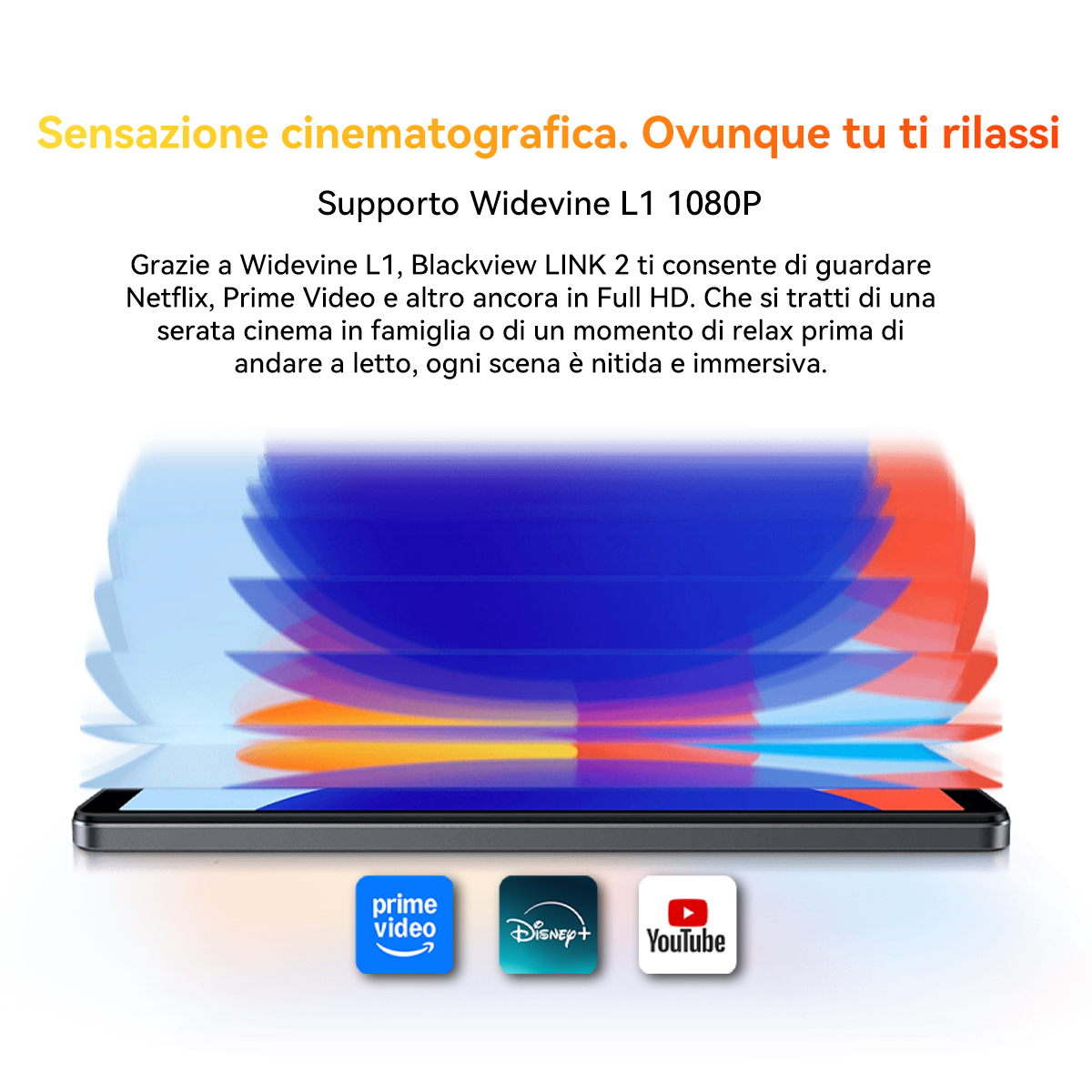Tablet con grafica astratta colorata, con loghi di app sotto.