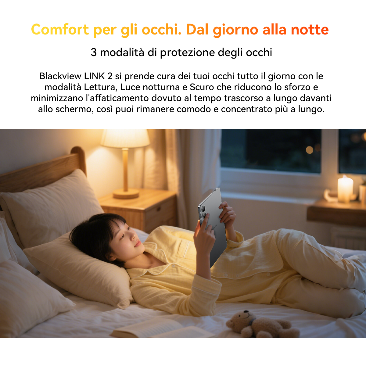 Una donna è a letto e usa un tablet. Atmosfera accogliente.