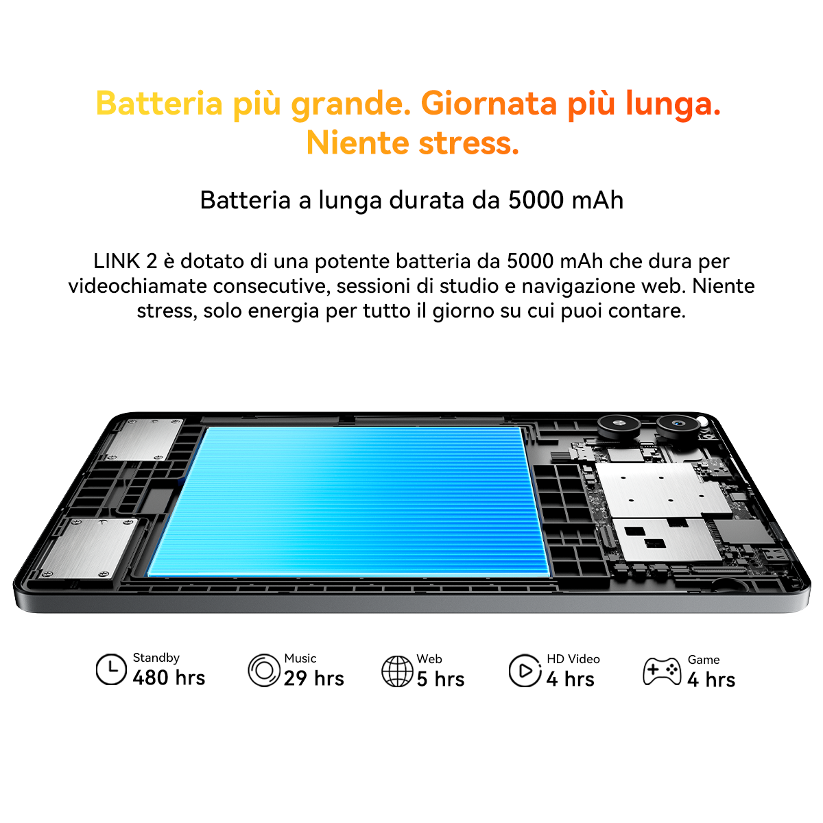 Smartphone con scocca aperta che mostra una grande batteria blu e componenti interni.