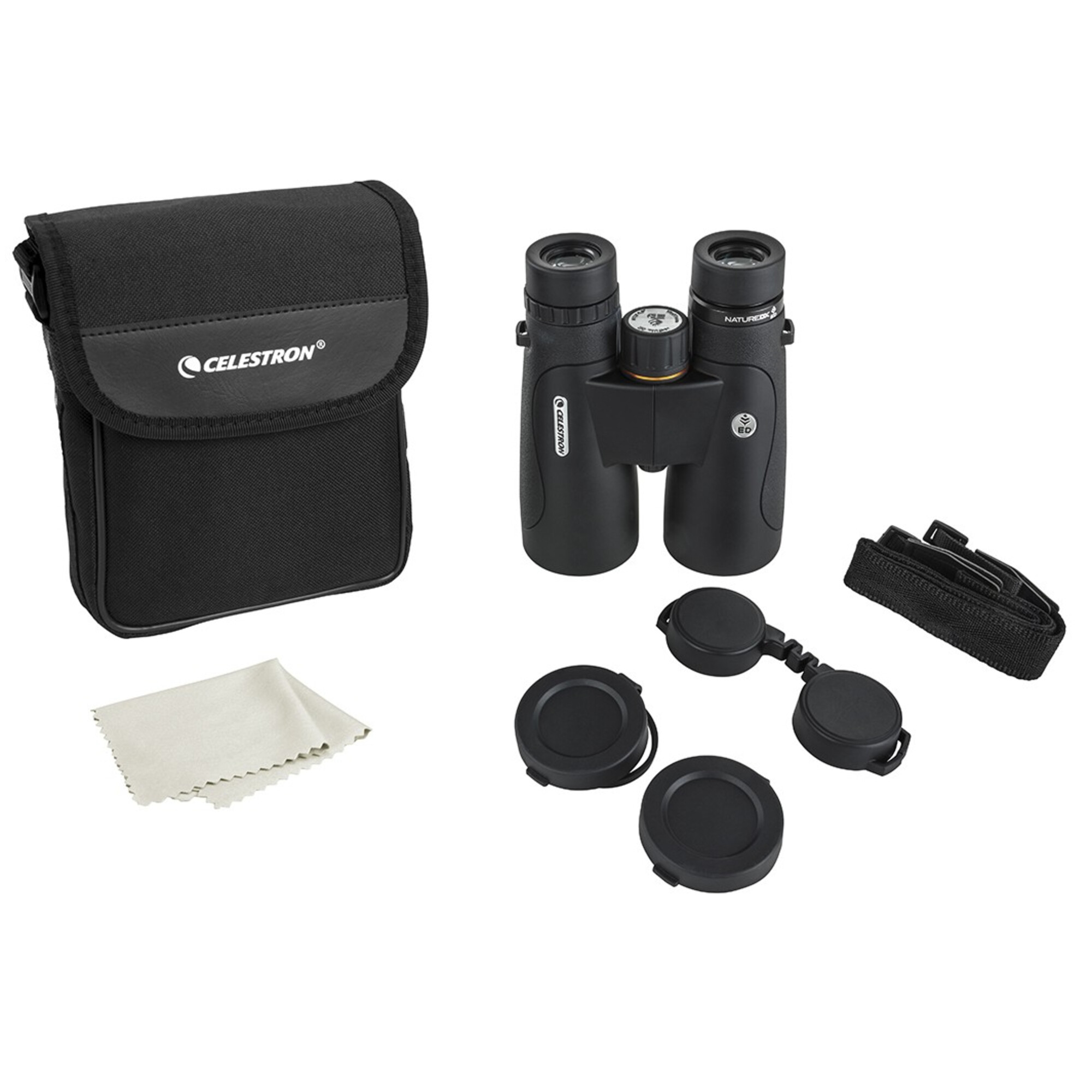 Celestron Fernglas mit Tasche, Linsenabdeckungen und Putztuch.