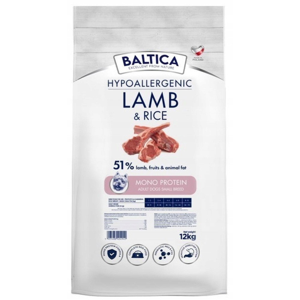 Torba karmy dla psów Baltica Hipoalergiczna Jagnięcina i Ryż. Zawiera kotlety jagnięce, 51% jagnięciny, mono białko, 12kg waga netto.