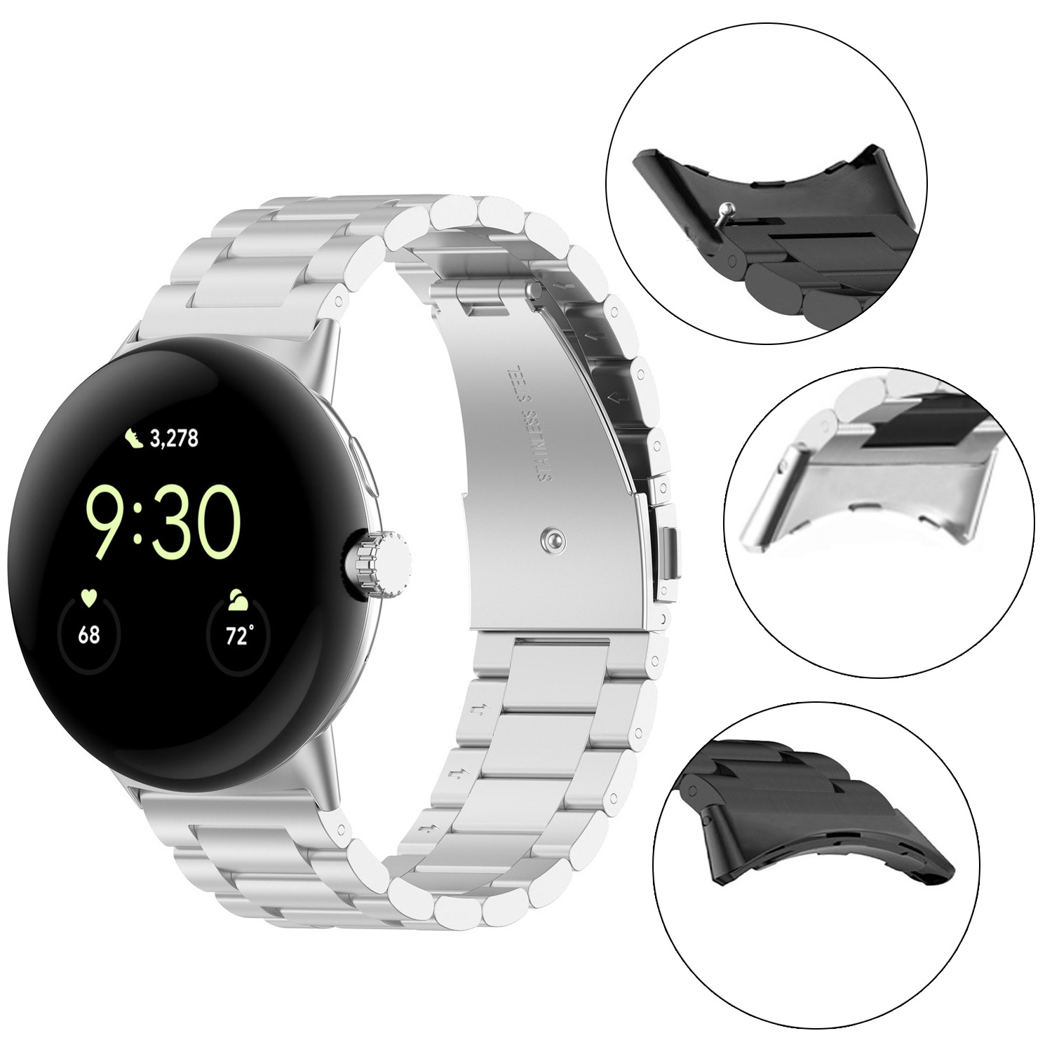 Uno smartwatch argentato con cinturino in metallo mostra le 9:30, 3.278 passi e 72 gradi.