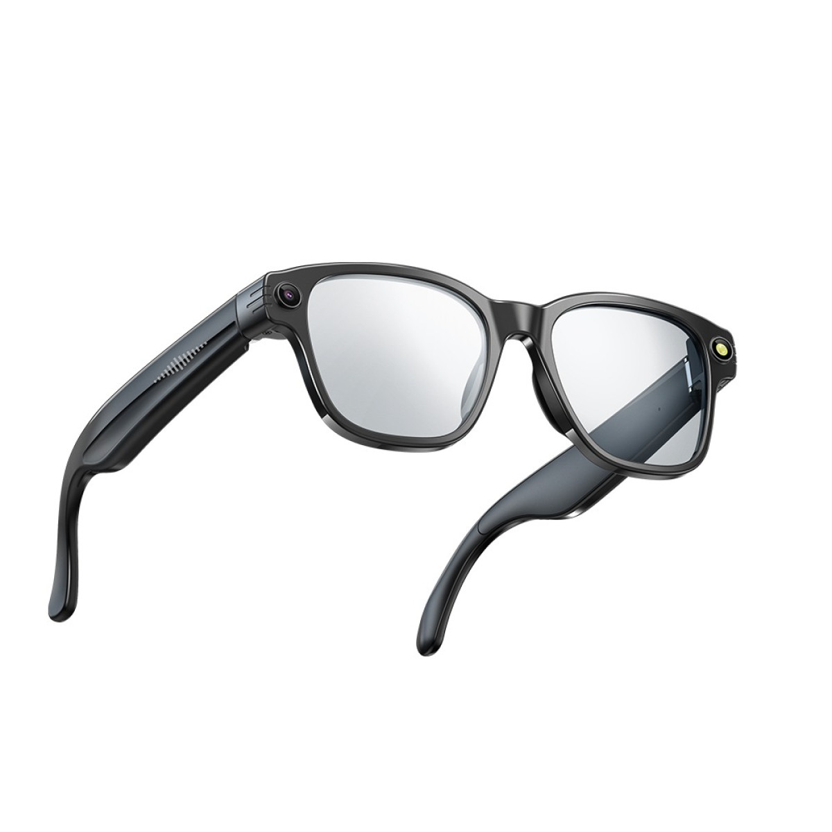 Para czarnych okularów smart z lustrzanymi soczewkami i kamerami na ramce.