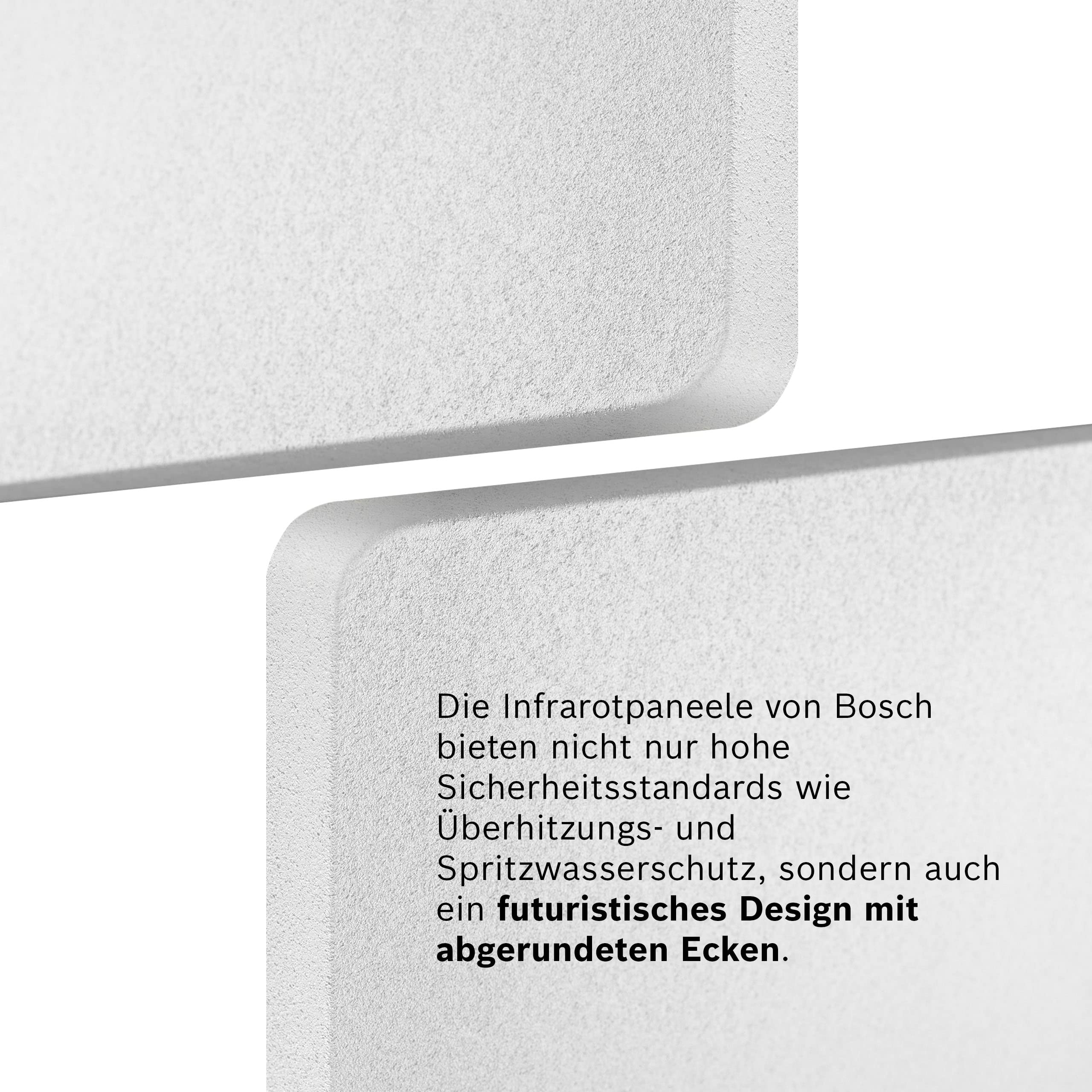 Weiße strukturierte Paneele mit abgerundeten Kanten. Text beschreibt Bosch Infrarotpaneele.