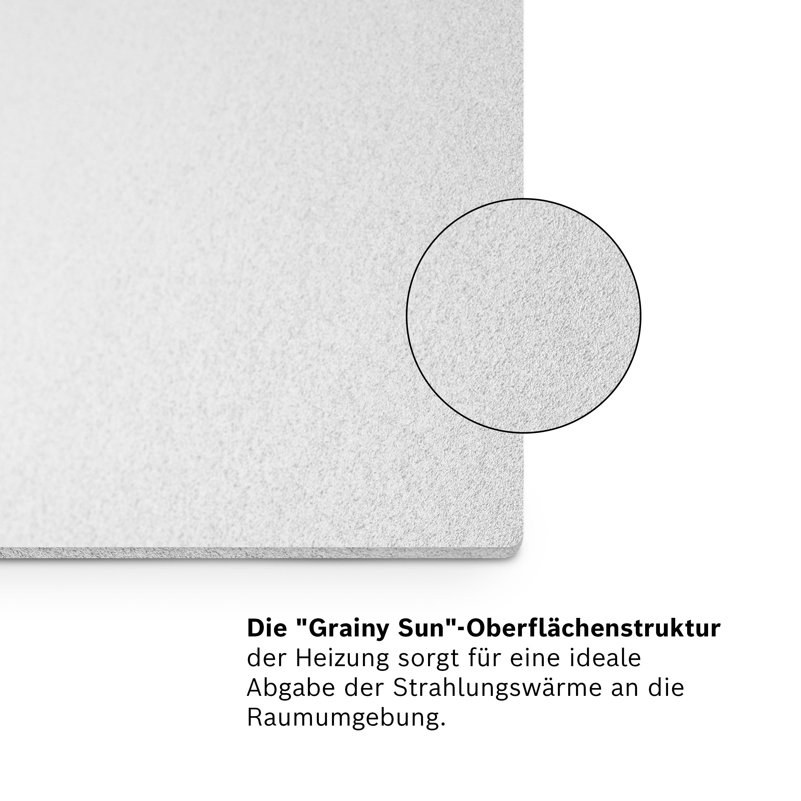 Nahaufnahme einer weißen, texturierten Oberfläche mit einem vergrößerten Kreiseinsatz, der körnige Details zeigt.