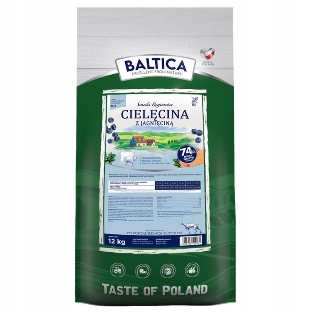 Torba karmy dla psów Baltica cielęcina z jagnięciną, 12kg, z jagodami.