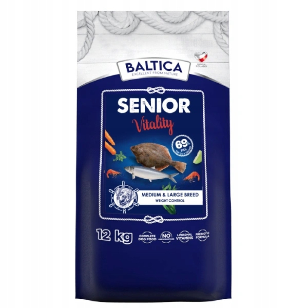 Torba karmy dla psów Baltica Senior Vitality: 12 kg, ryba, marchew, krewetki i limonka.