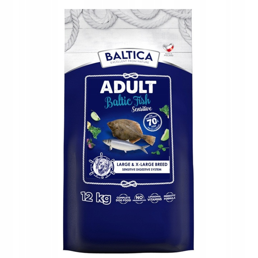 Torba karmy dla psów Baltica Adult Baltic Fish Sensitive, 12kg, z wizerunkami ryb.