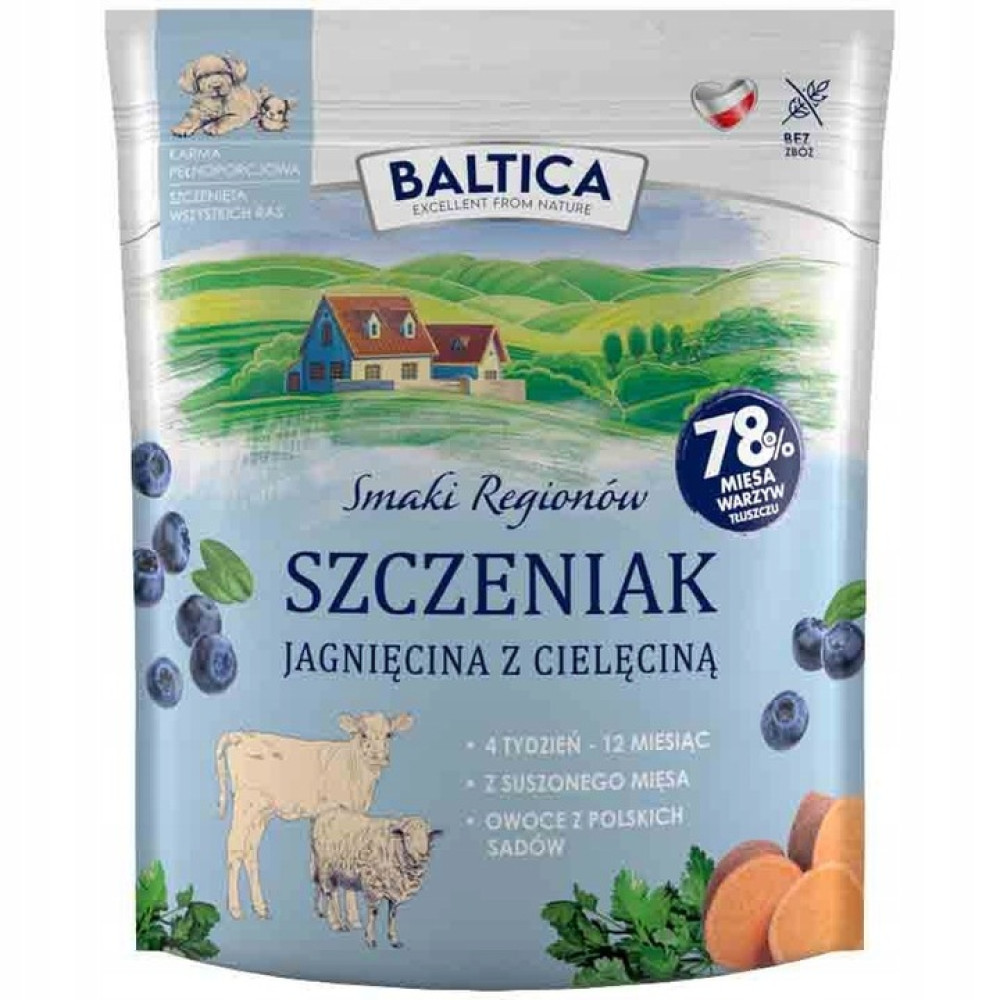 Torebka karmy dla psów z jagnięciną i cielęciną, jagodami i warzywami.