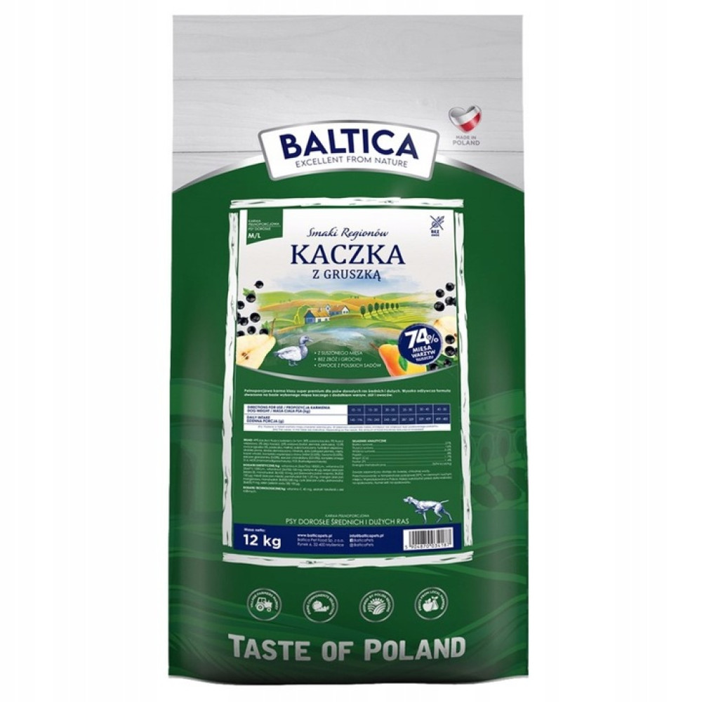 Torba z karmą dla psa: Baltica, smak kaczki i gruszki, 12 kg. Zawiera grafikę krajobrazu.