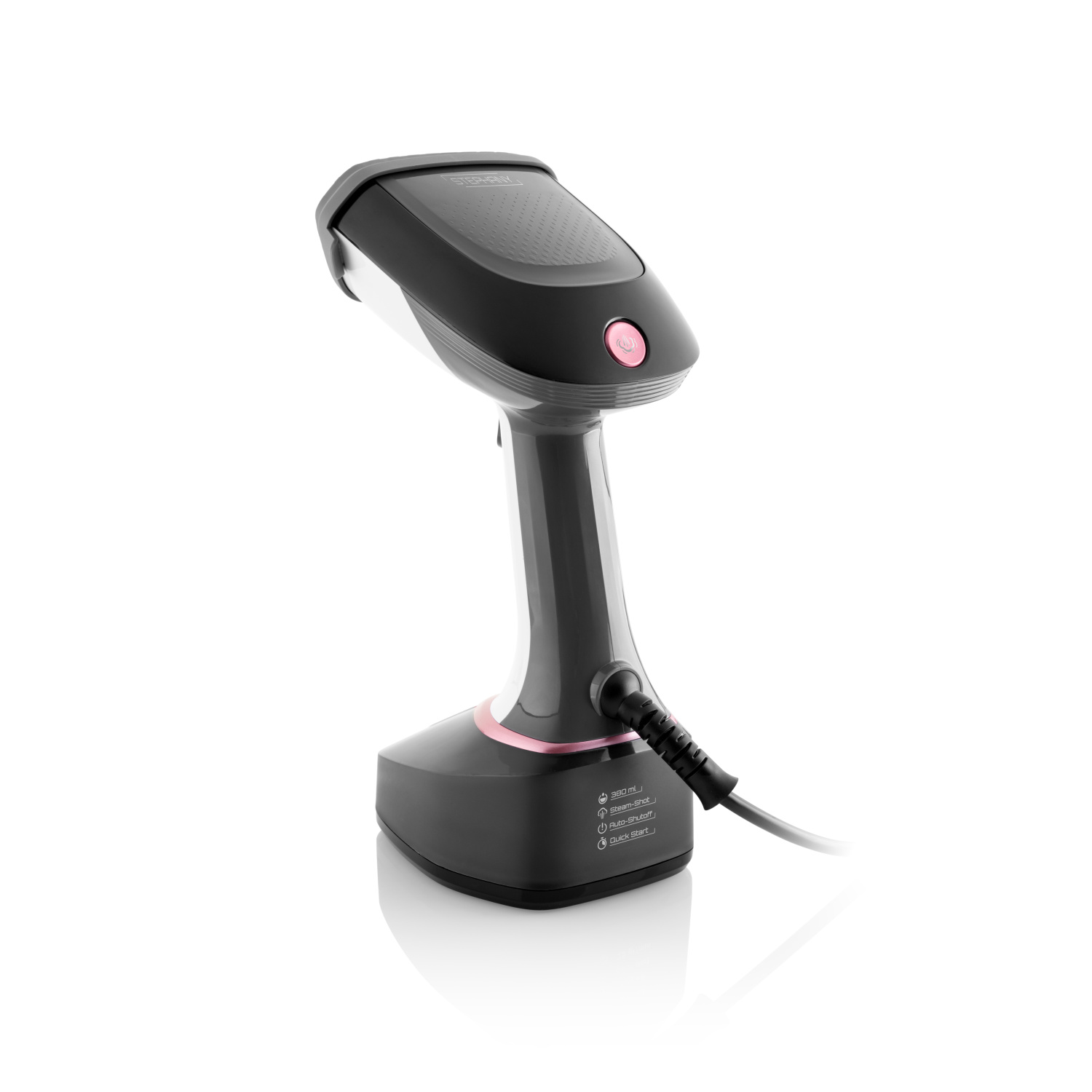 Un vaporizzatore a mano scuro con accenti rosa e cavo di alimentazione.