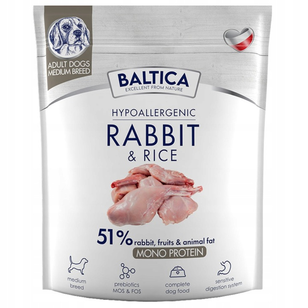 Baltica hipoalergiczna karma dla psów z królika i ryżu 51% królika. Dorosłe psy średnich ras.
