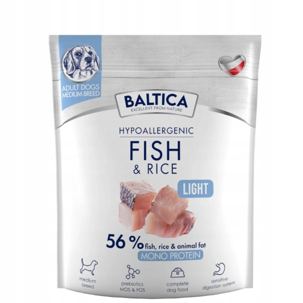 Torba karmy dla psów Baltica Hipoalergiczna Ryba & Ryż Light z kawałkami ryby.