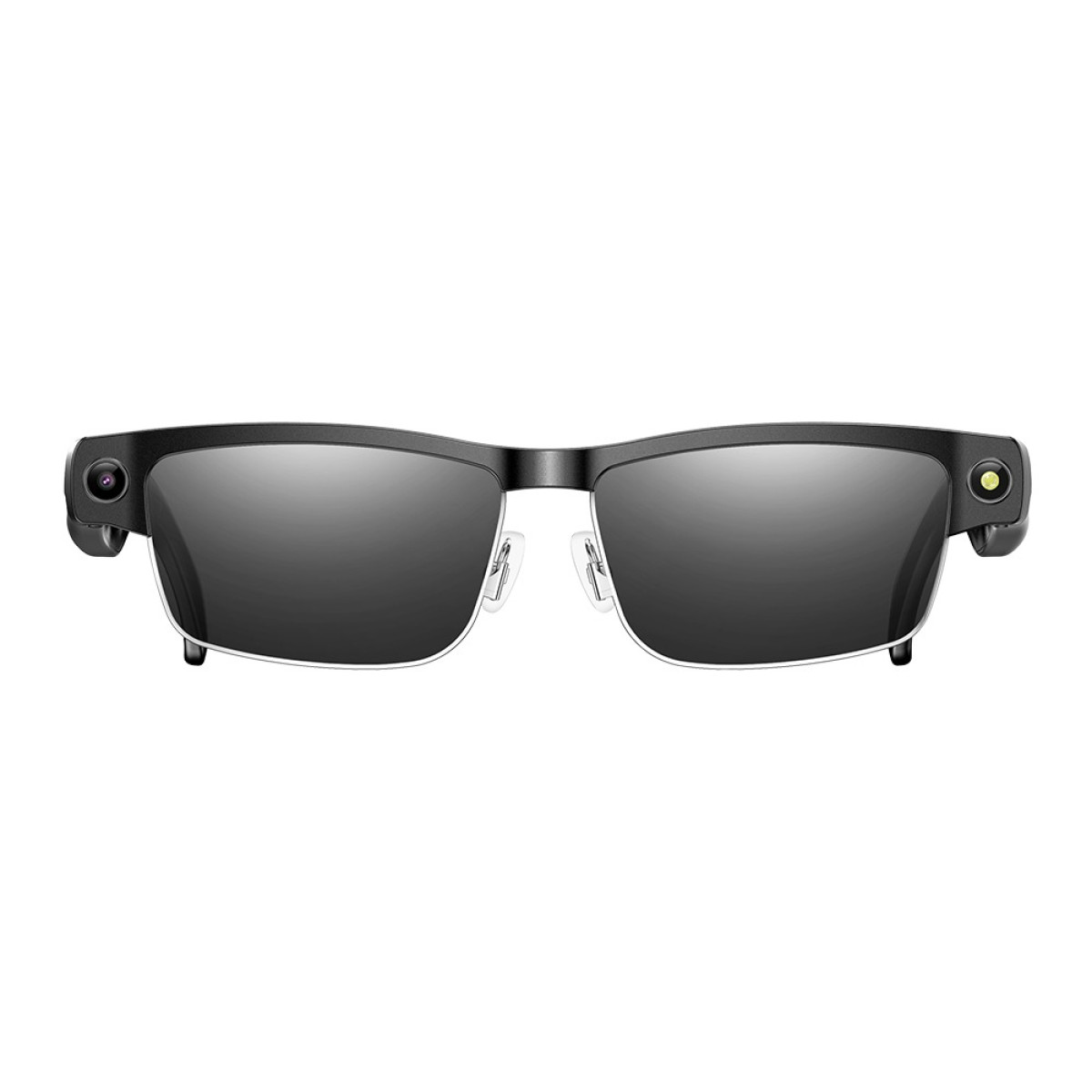 Schwarze Brille mit Kameras an den Bügeln und getönten Gläsern.