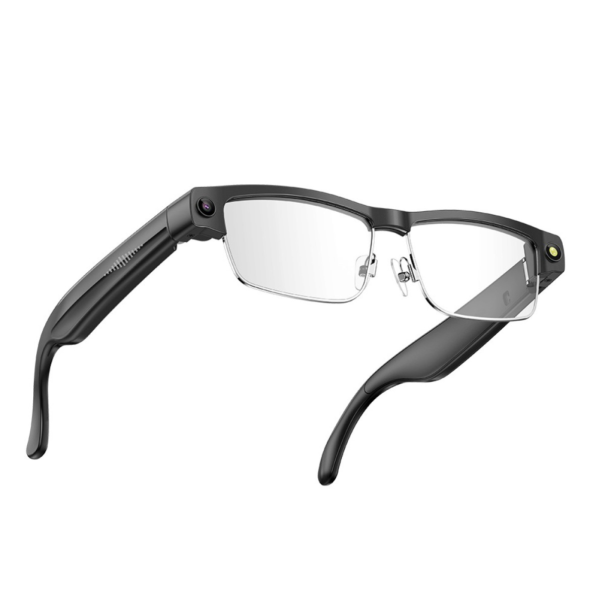 Czarne inteligentne okulary z kamerą na lewym zauszniki, na białym tle.