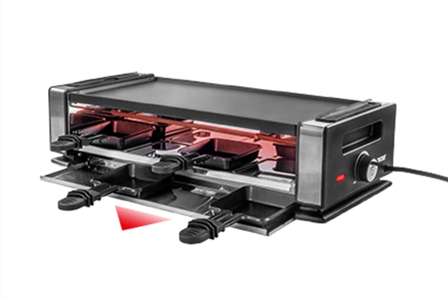 Ein schwarzer elektrischer Raclette-Grill mit vier Käsepfannen und Grillplatte.