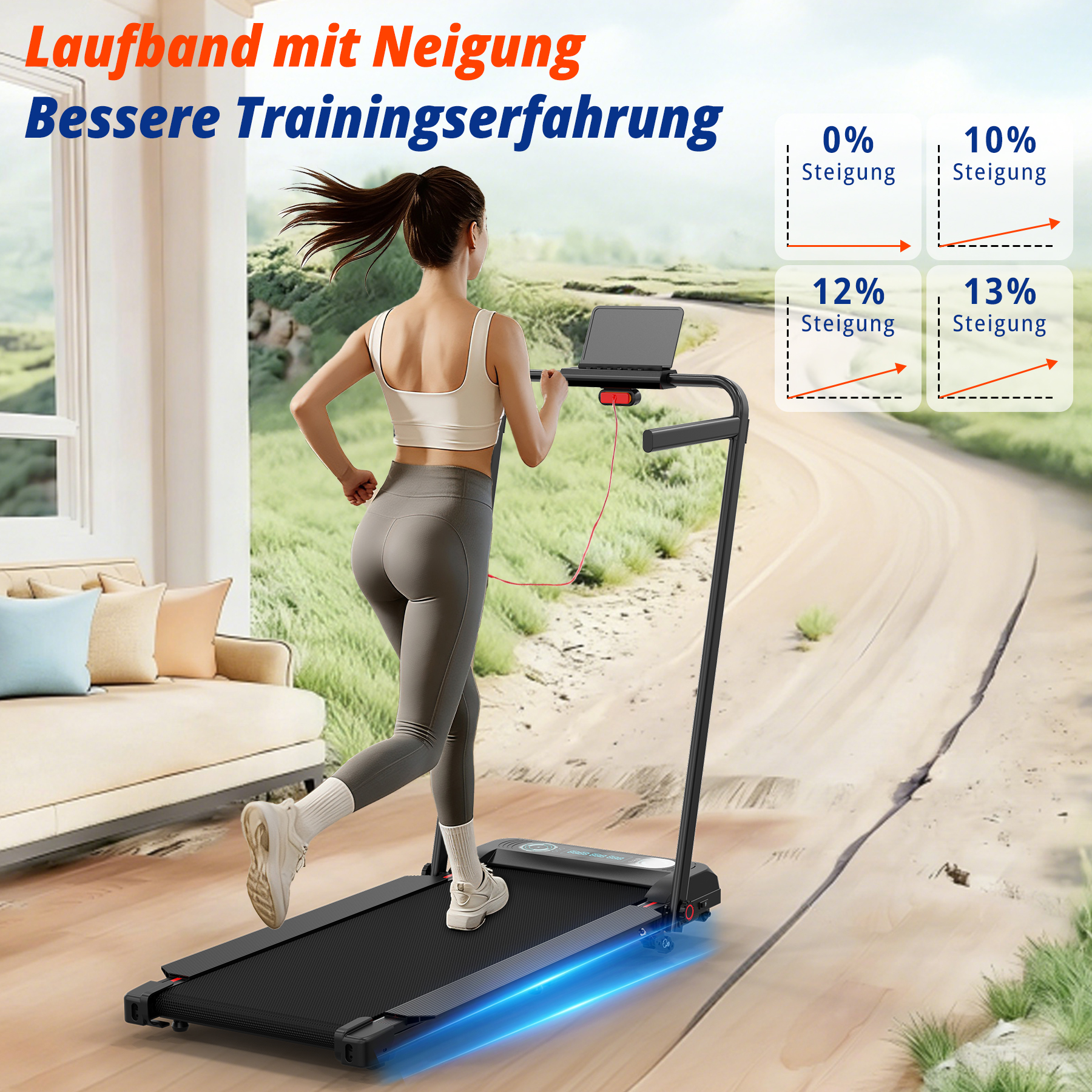 Eine Frau läuft auf einem Laufband mit Neigung, daneben Diagramme zu Steigungsverhältnissen.