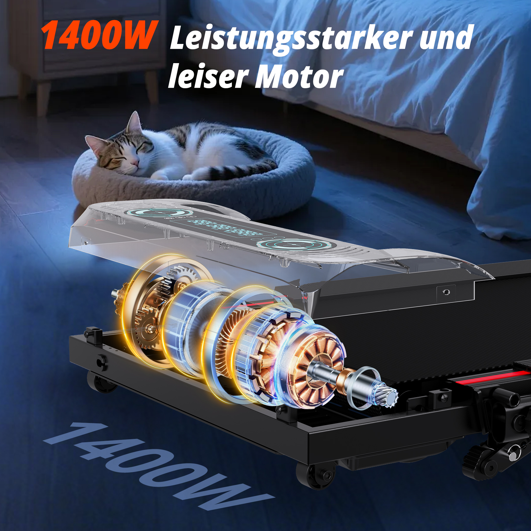 Eine Katze schläft auf einem Bett, während ein Laufbandmotor angezeigt wird.