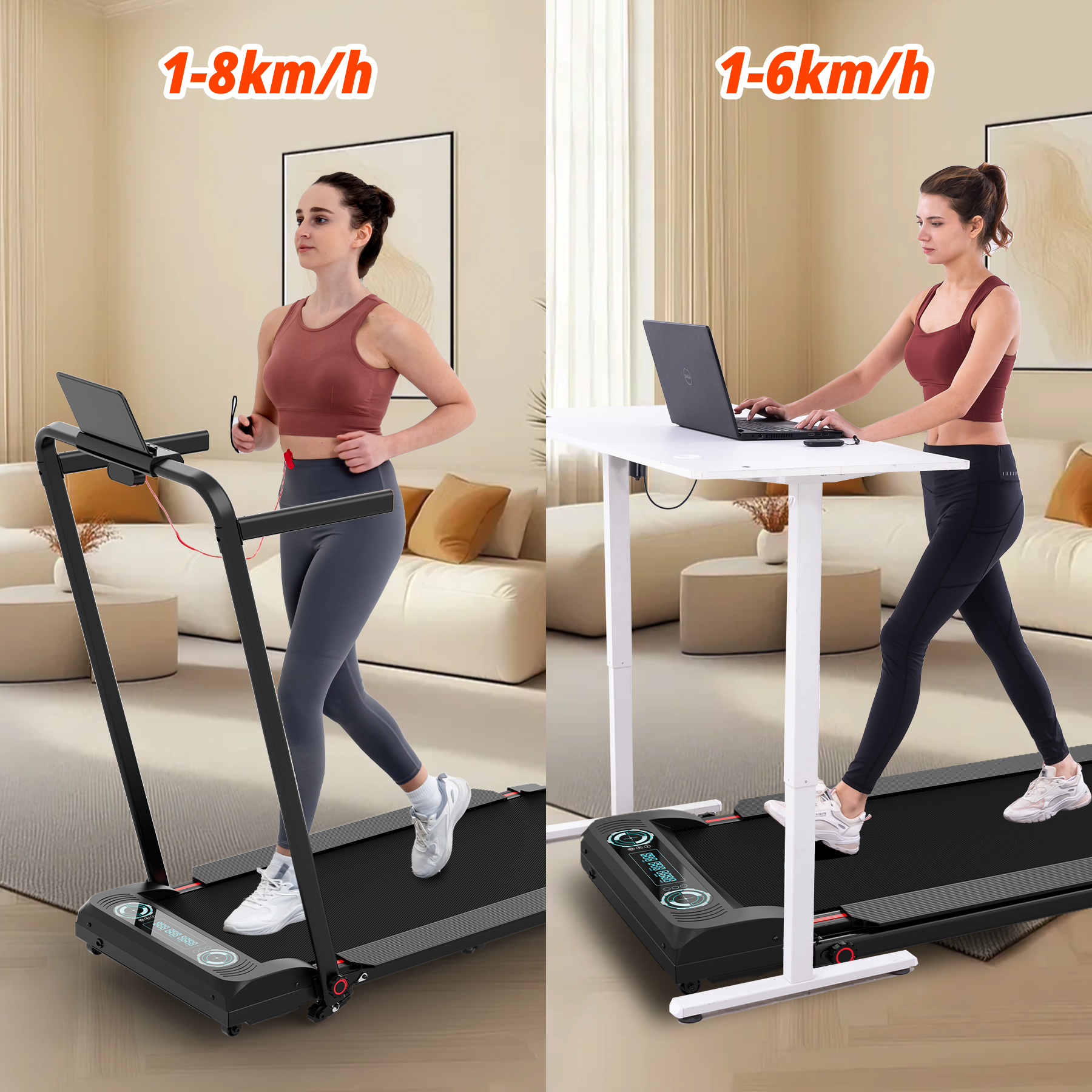 Dwie kobiety na bieżniach: jedna biegnie, druga pisze na laptopie.