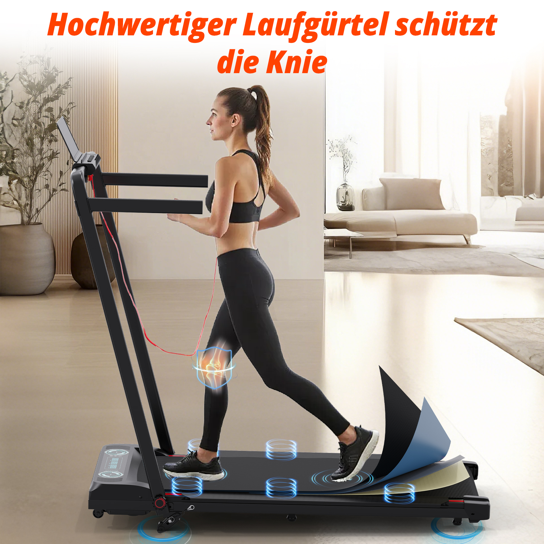 Frau auf Laufband, Grafiken zeigen Knieschutz und Dämpfung.